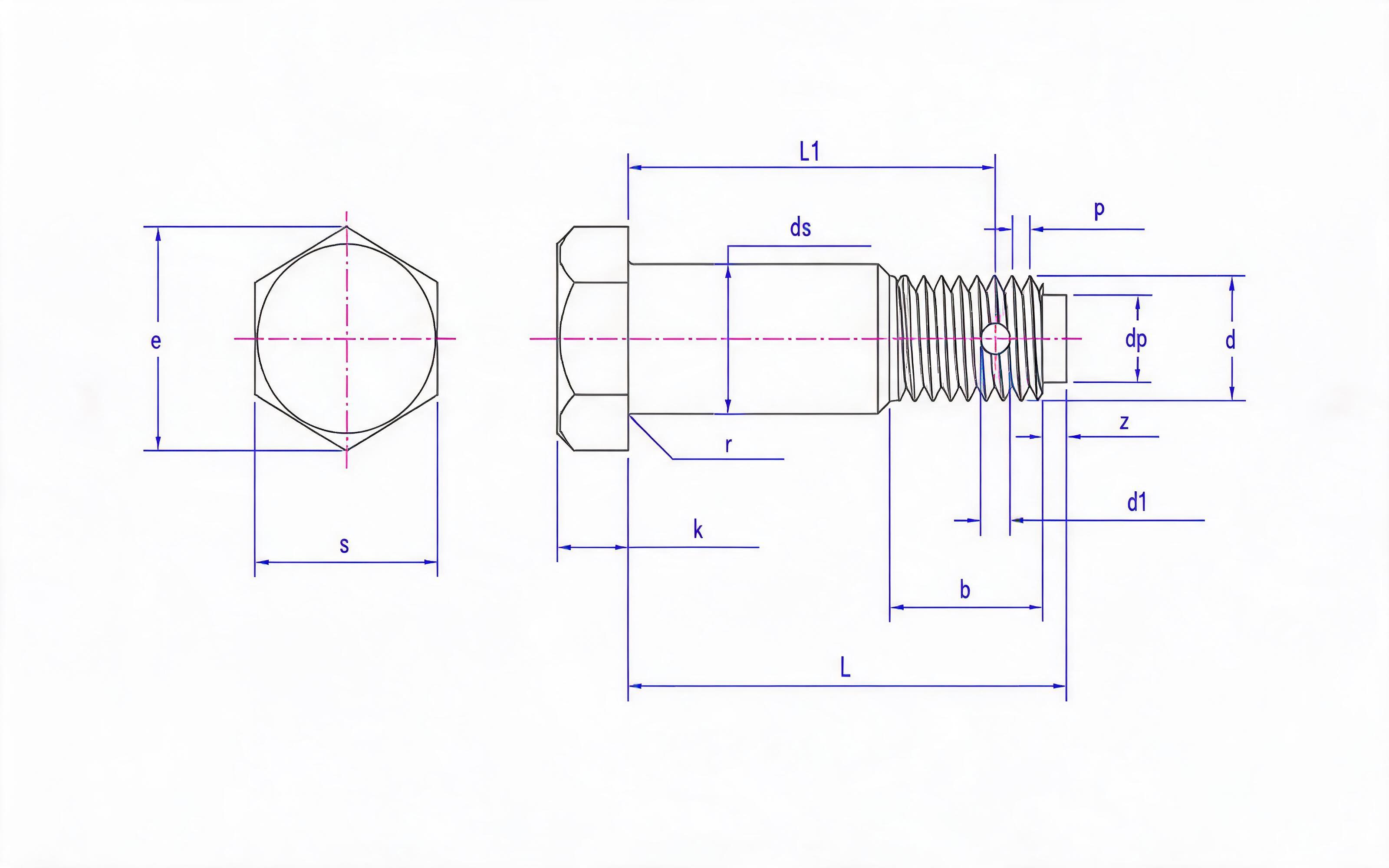 Hexagon screw bolt with hole for reaming Standard Drawing