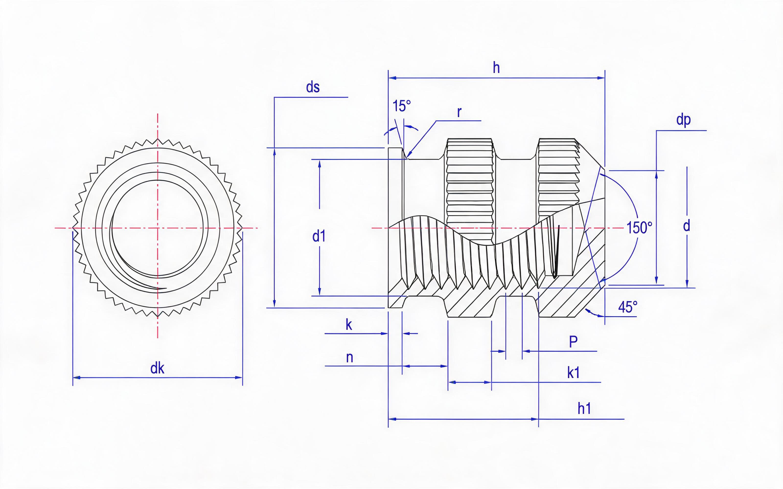 Knurled through-hole with intermediate slot multi-step insert nut closed type (T type) Standard Drawing