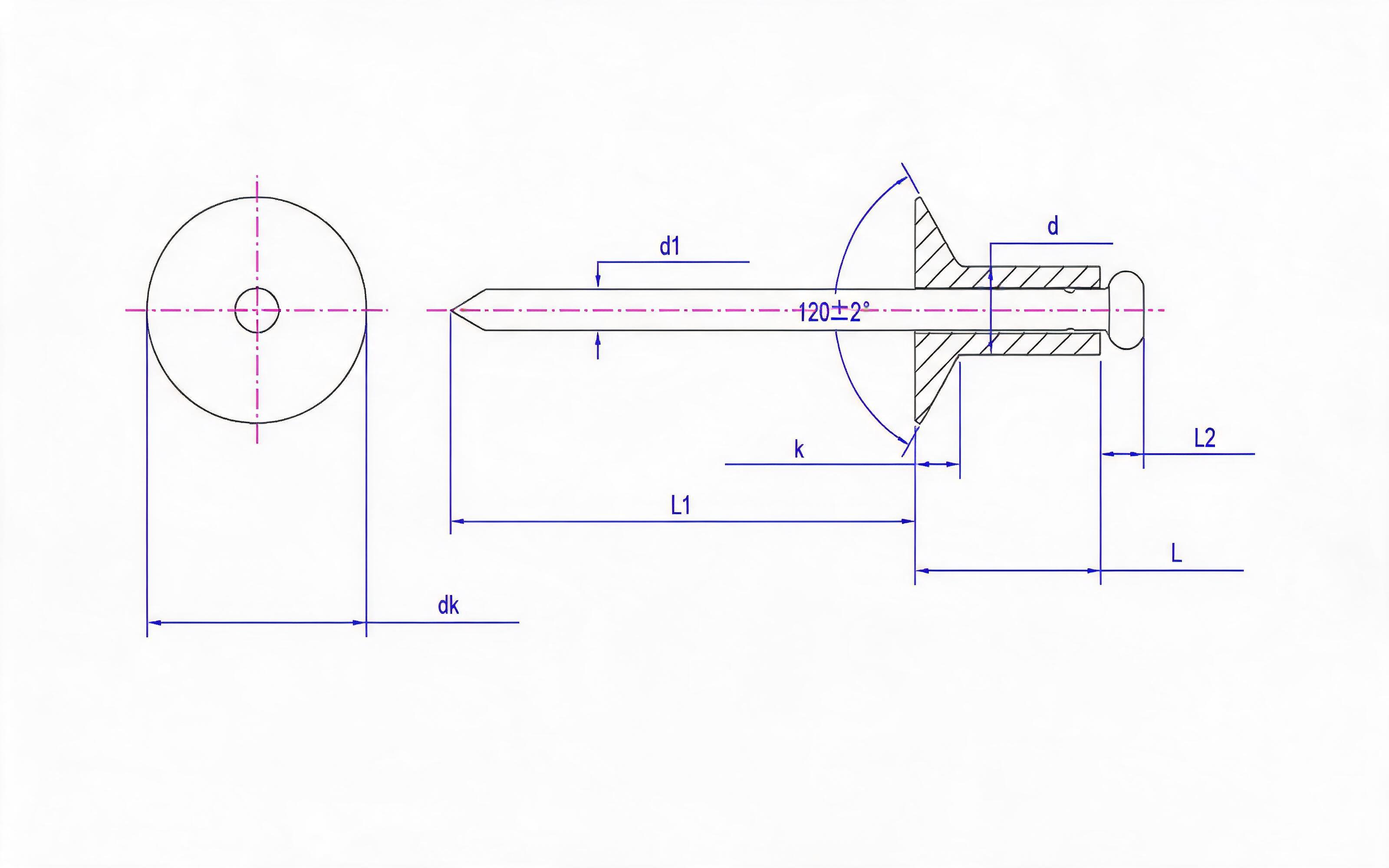 Open end countersunk head pop rivets-Grade 51 Standard Drawing