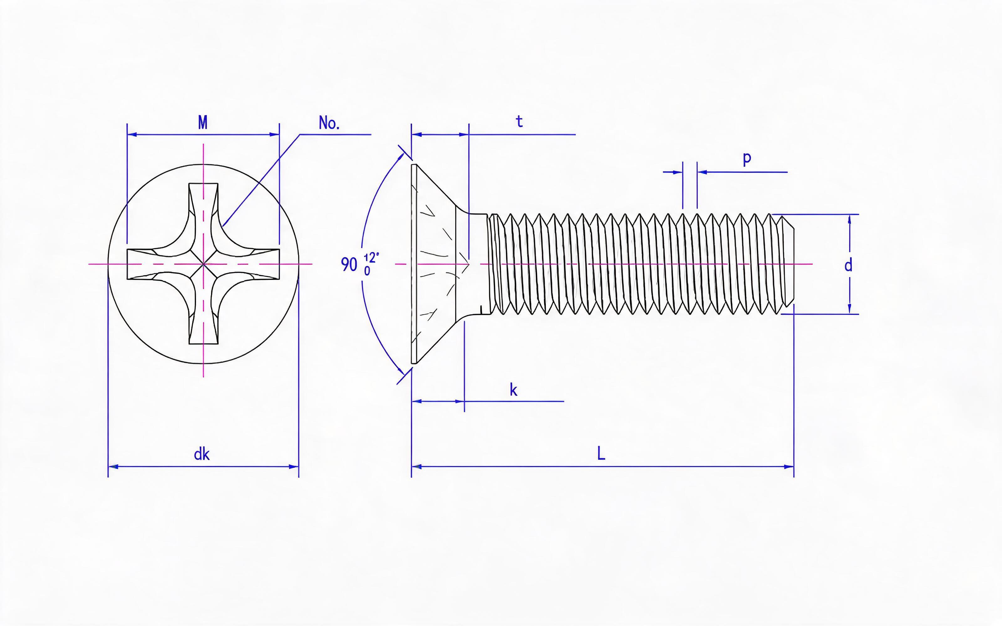 Cross recessed countersunk head screw (H-groove) Standard Drawing