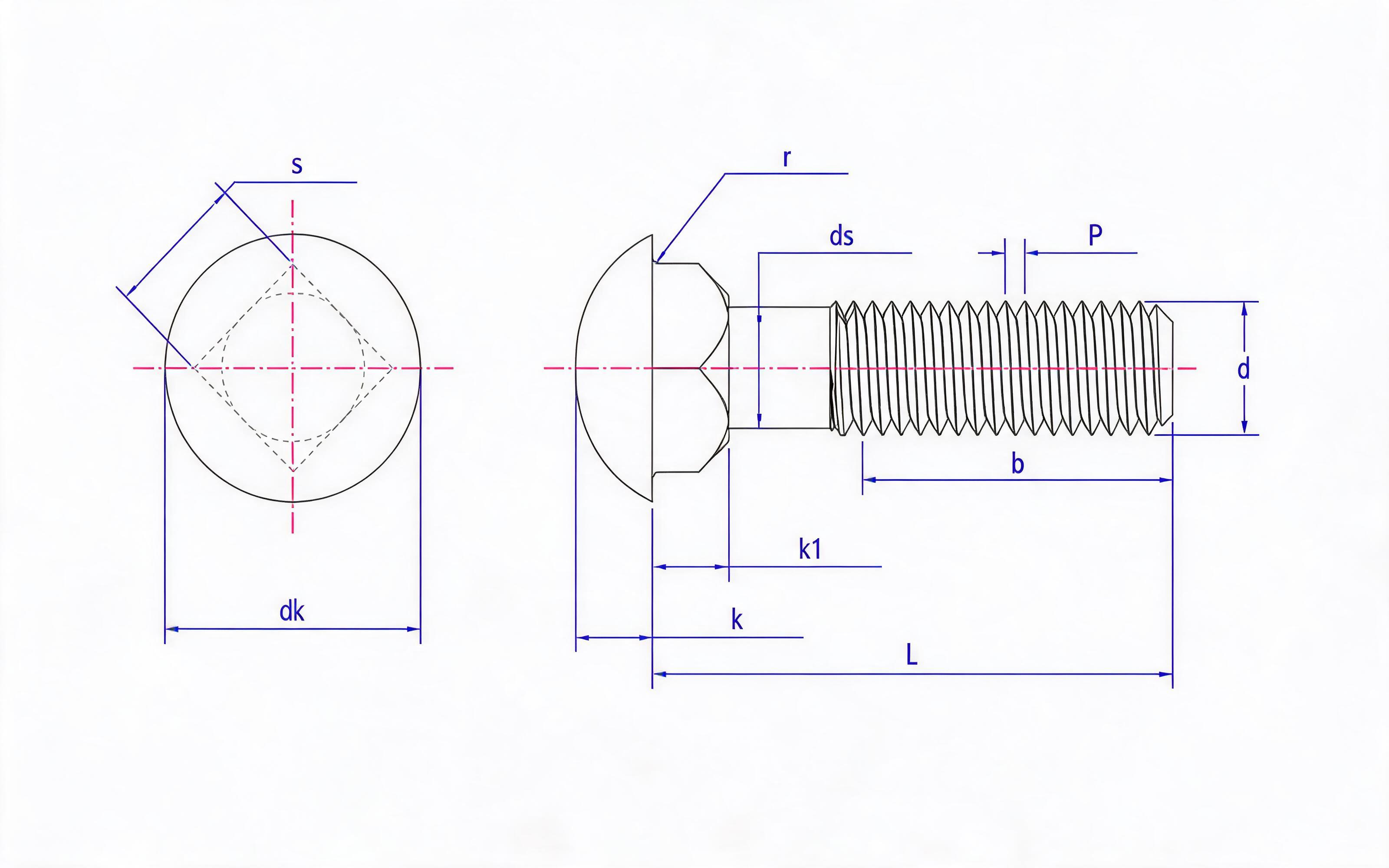 Round head square neck bolt Standard Drawing