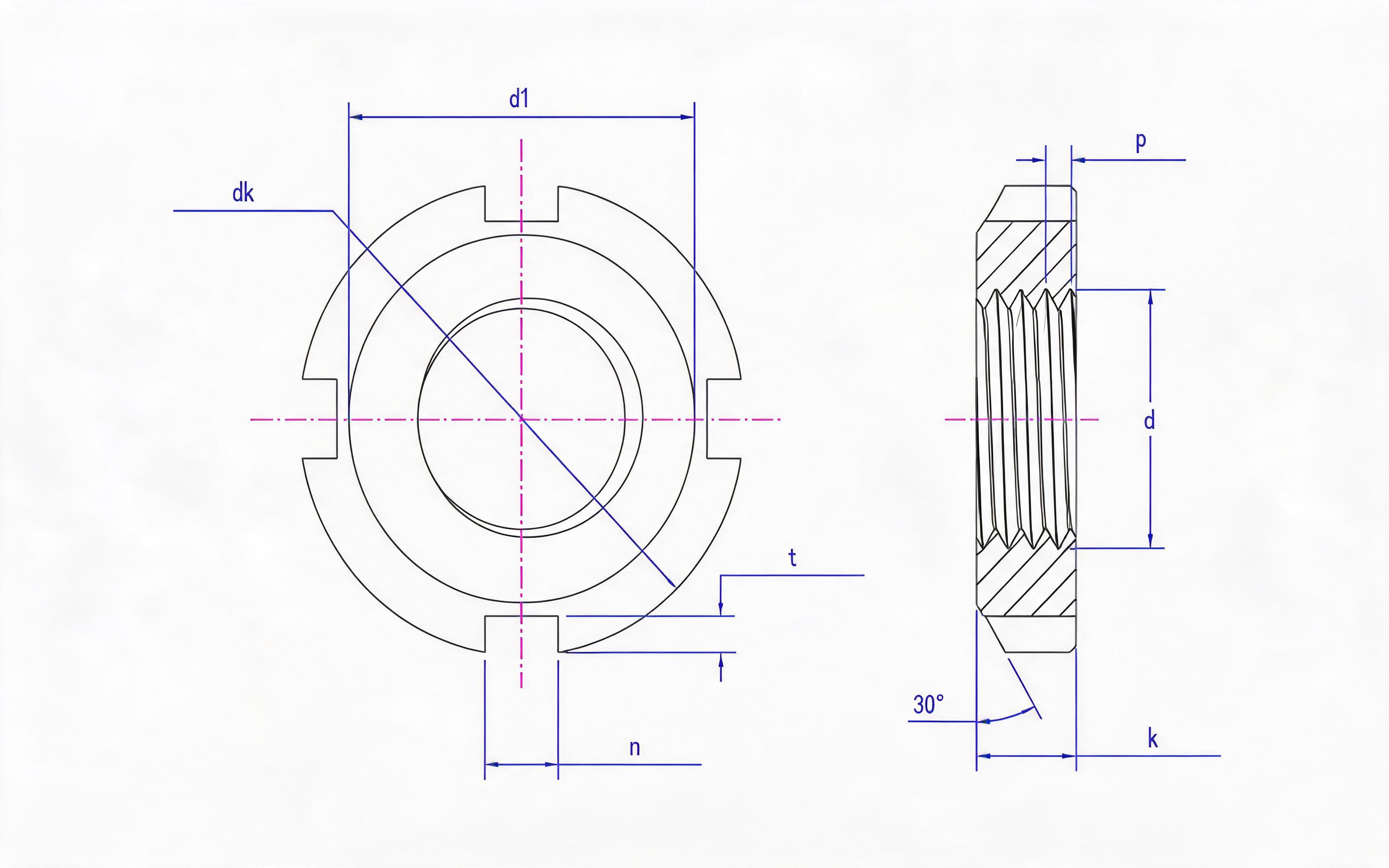 Table 1 4-groove lock nut for rolling bearing (d ≤ 200mm) Standard Drawing