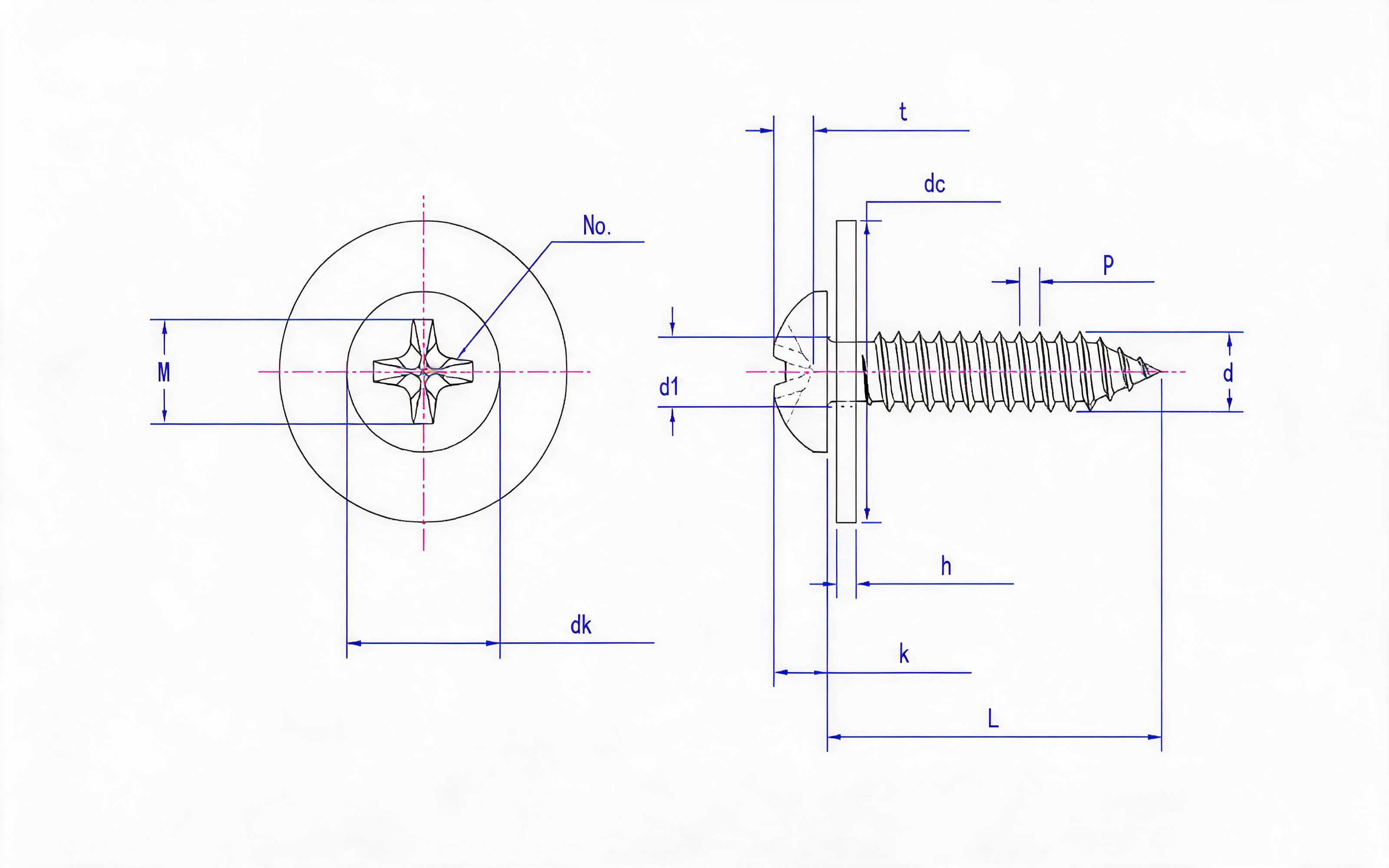 Cross recessed panhead self-tapping screw and large flat washer combination type C Standard Drawing