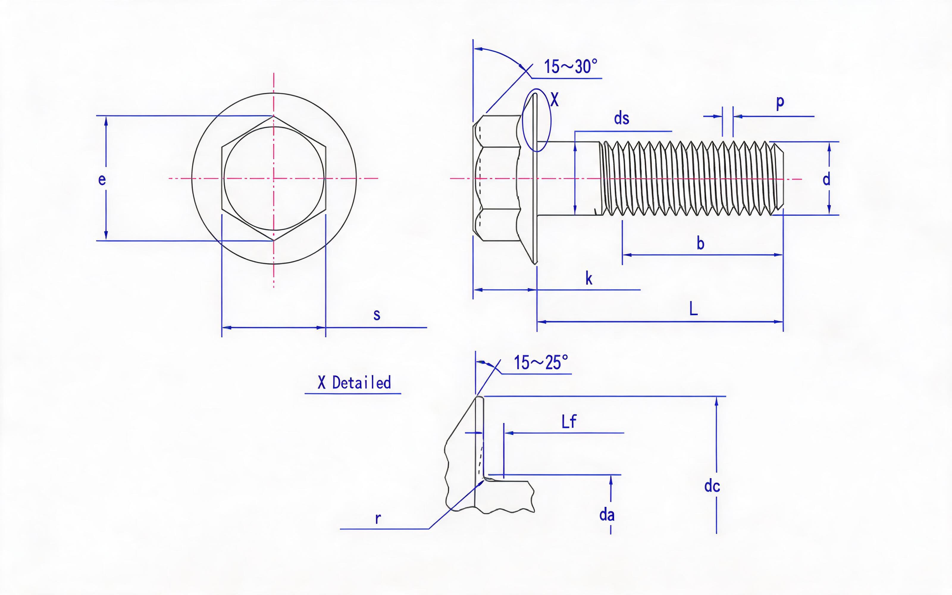 Hexagon flange bolt (groove design HO) Standard Drawing