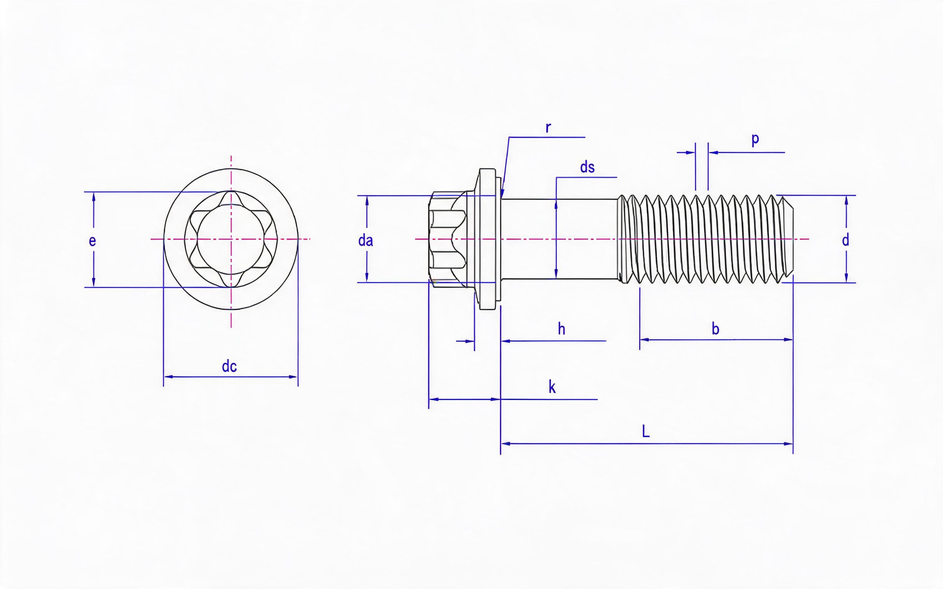 Large flange bolt of torx head fine rod (L ≤ 10d) Standard Drawing