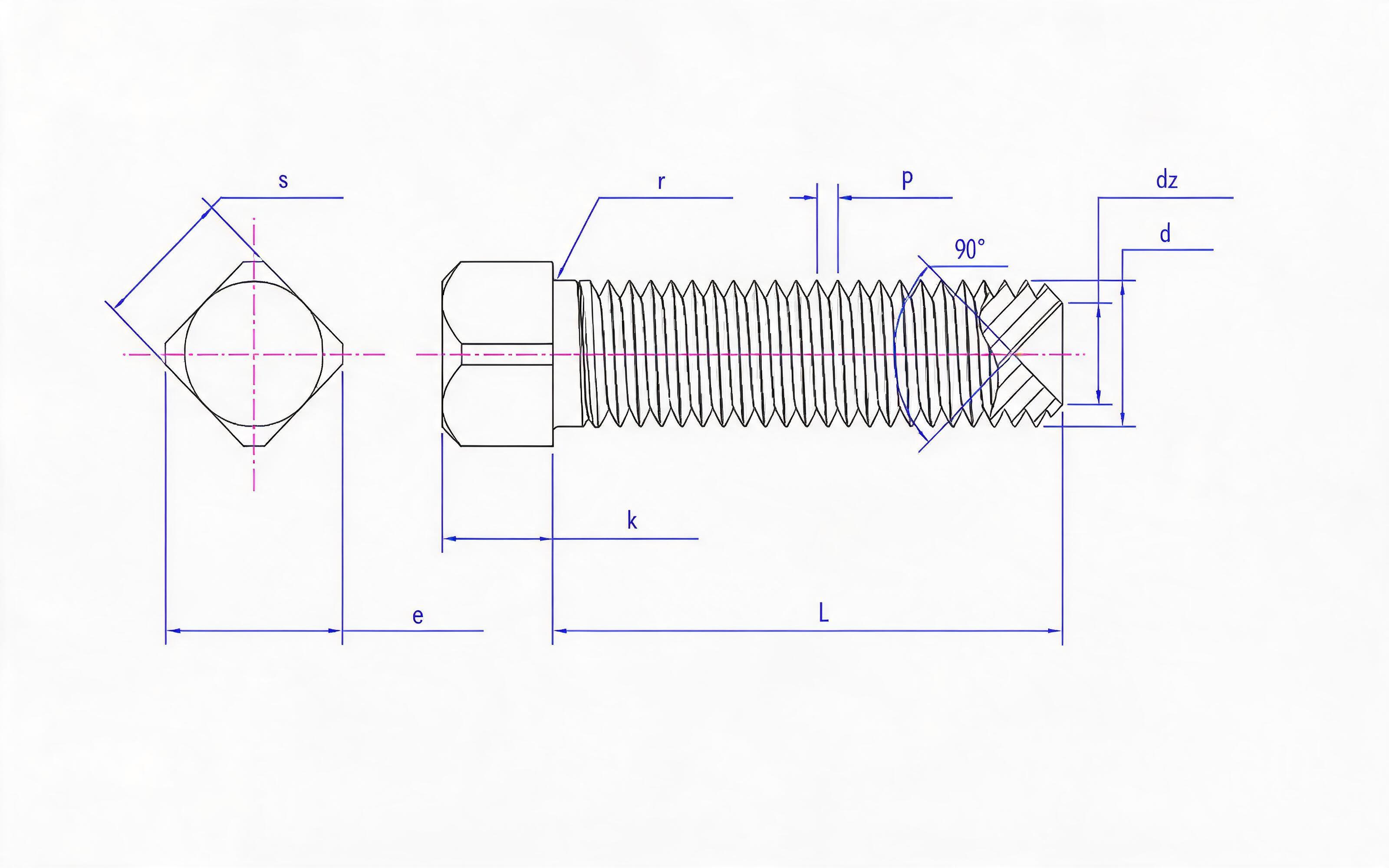 Square recessed set screw Standard Drawing
