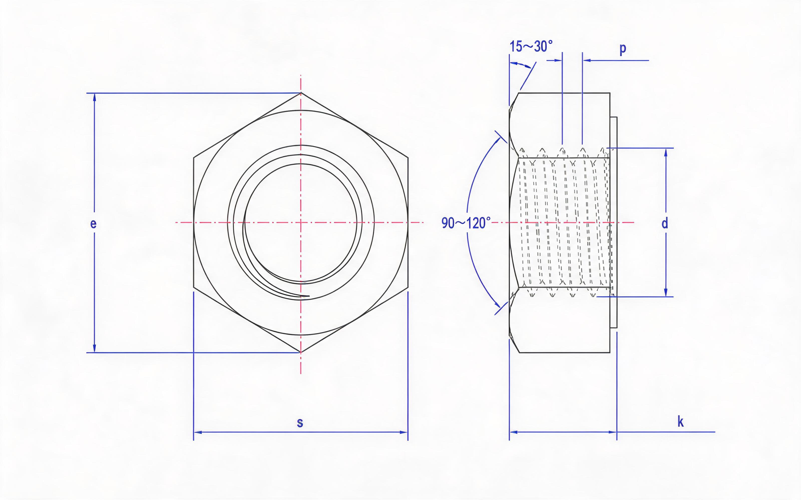 Type 1 single chamfered hexagon nut fine thread Standard Drawing