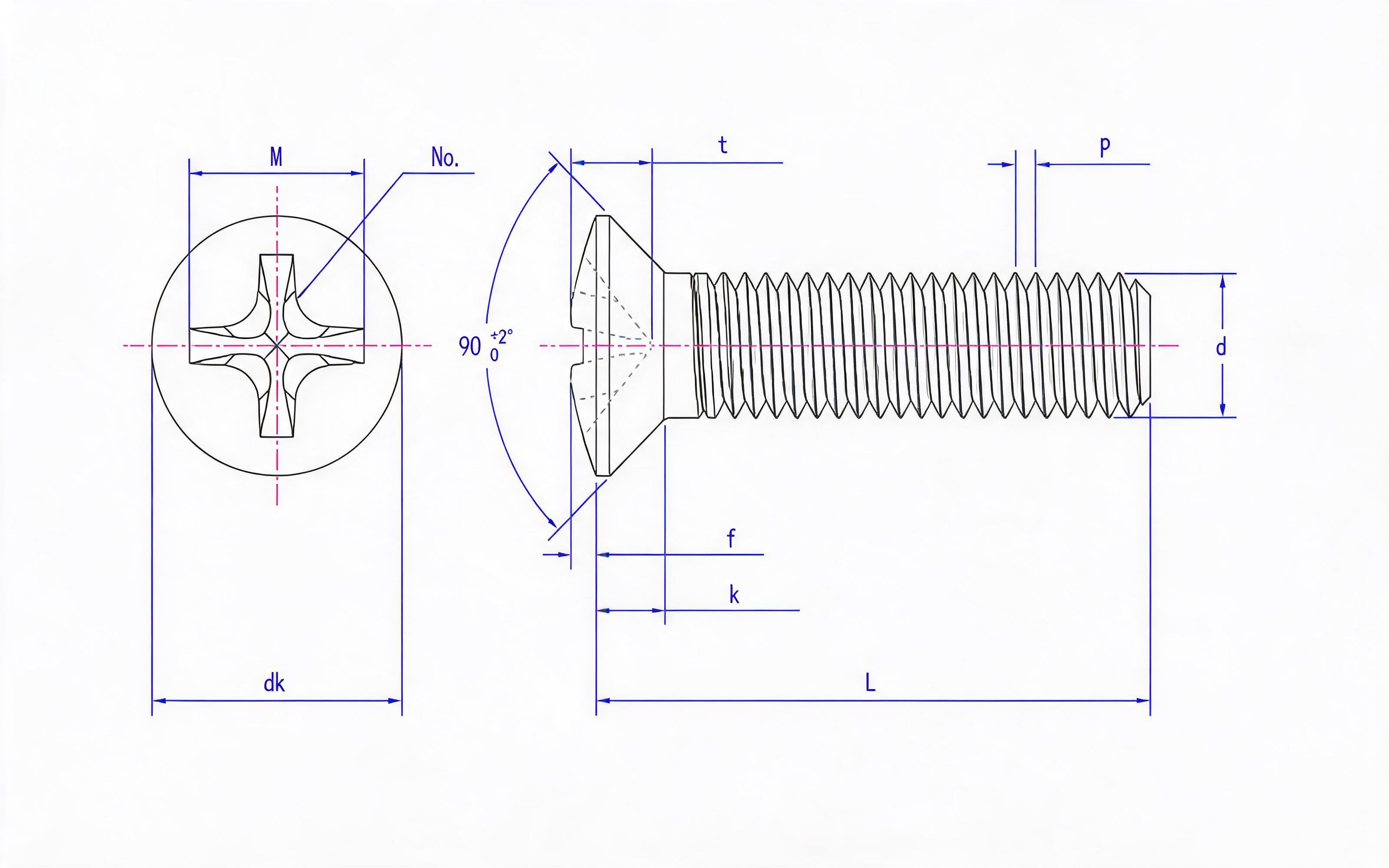 Cross recessed countersunk head screw (H-groove) Standard Drawing