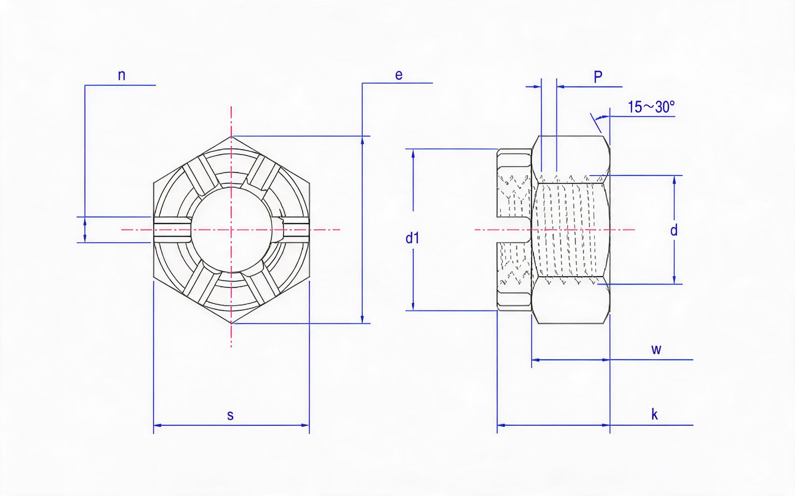 SLOTTED CROWN NUT Standard Drawing
