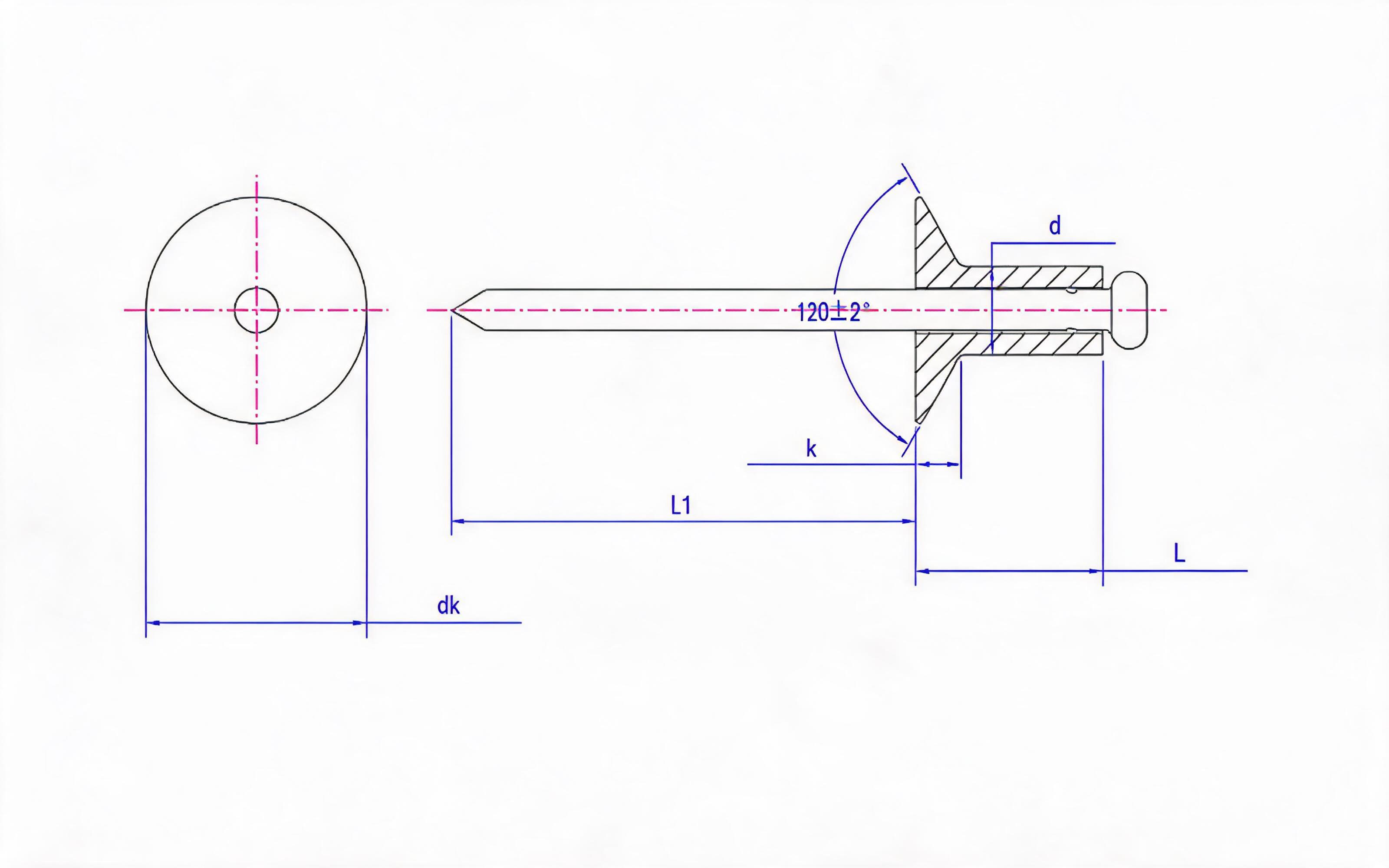 Open end countersunk head pop rivets (Type B) Standard Drawing