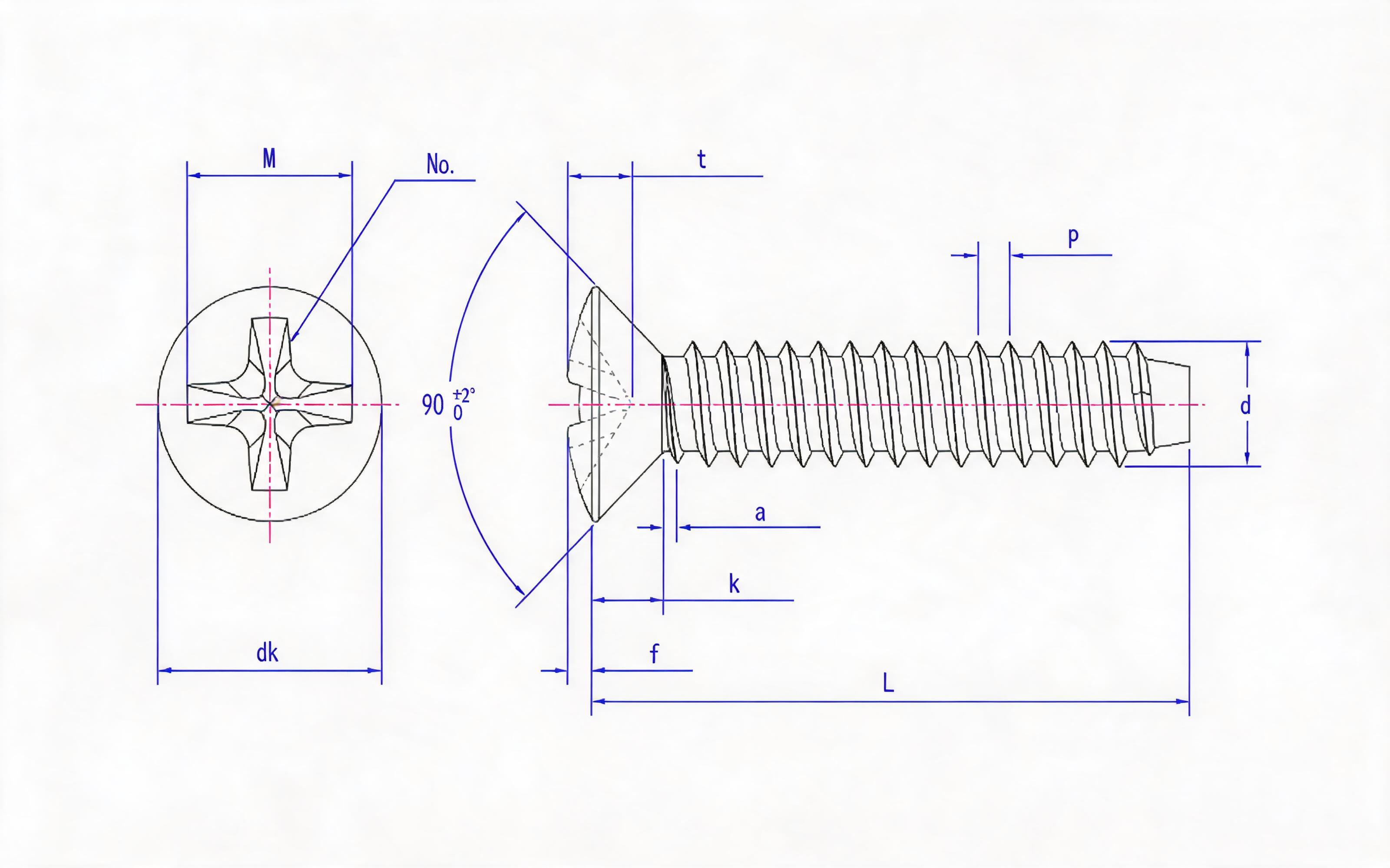 Cross recessed countersunk head self-tapping screw F-type Standard Drawing