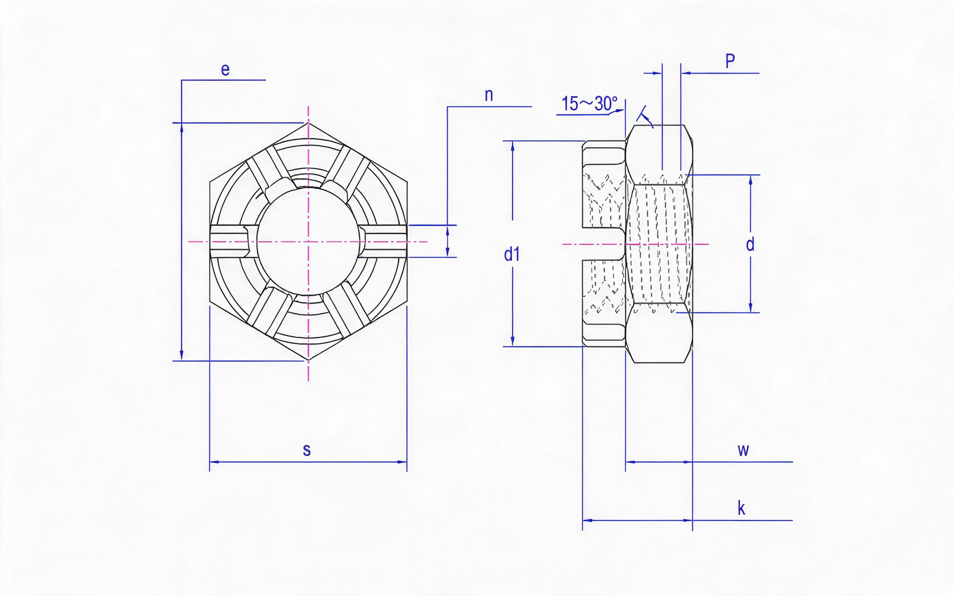 SLOTTED CROWN THIN NUT Standard Drawing