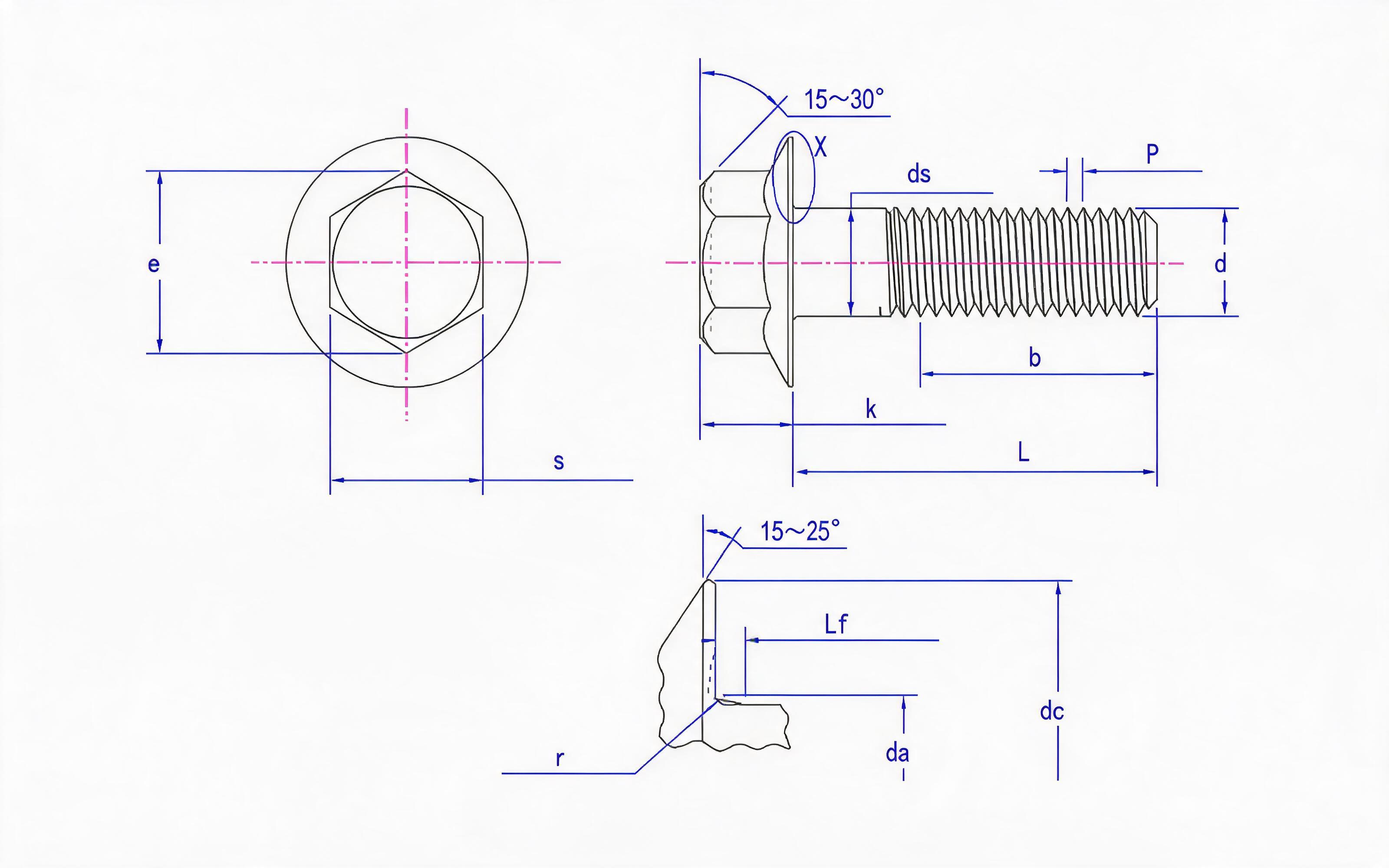 Hexagon flange bolt coarse rod (F standard) Standard Drawing