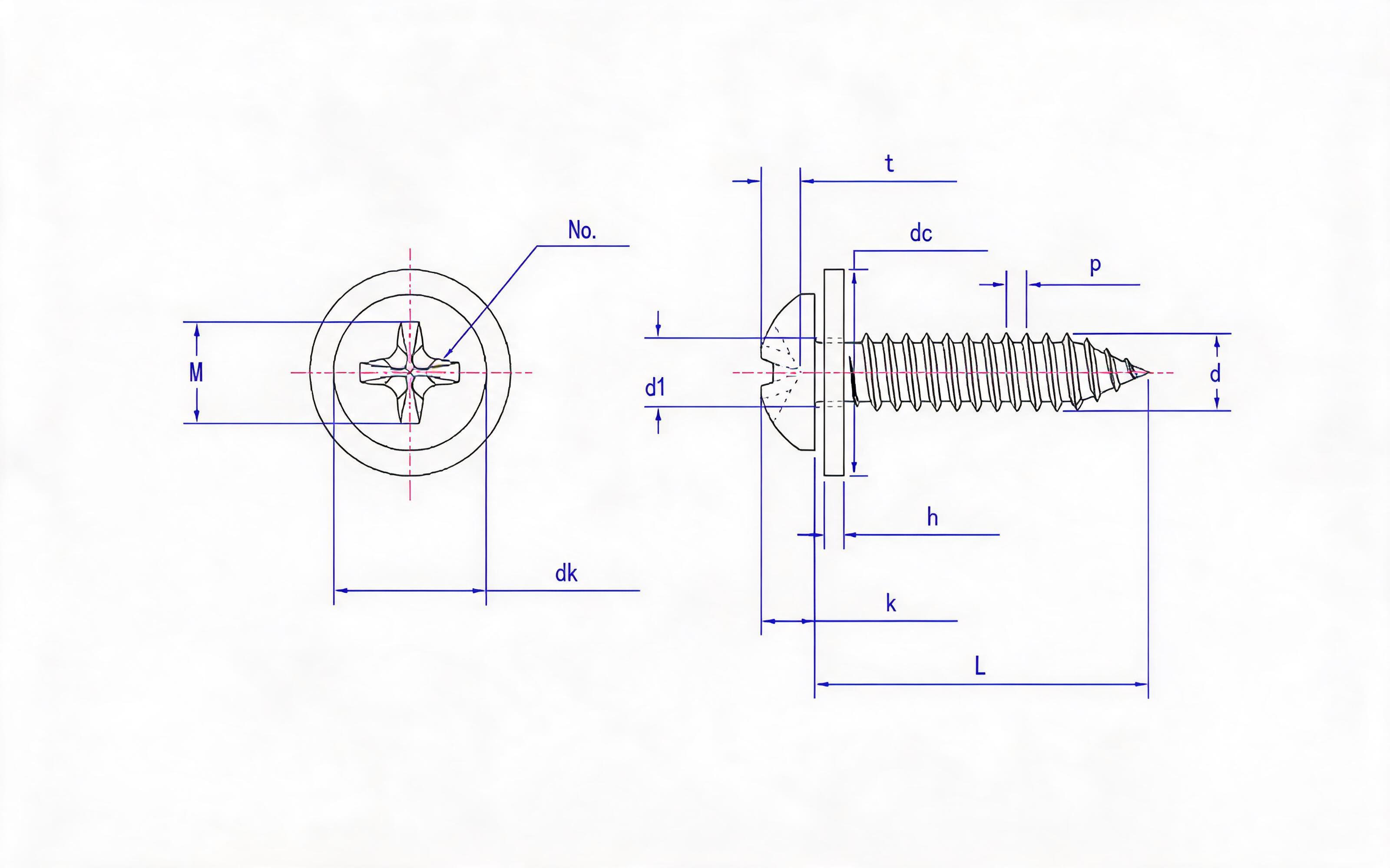 Cross recessed panhead self-tapping screw and flat washer combination type C Standard Drawing