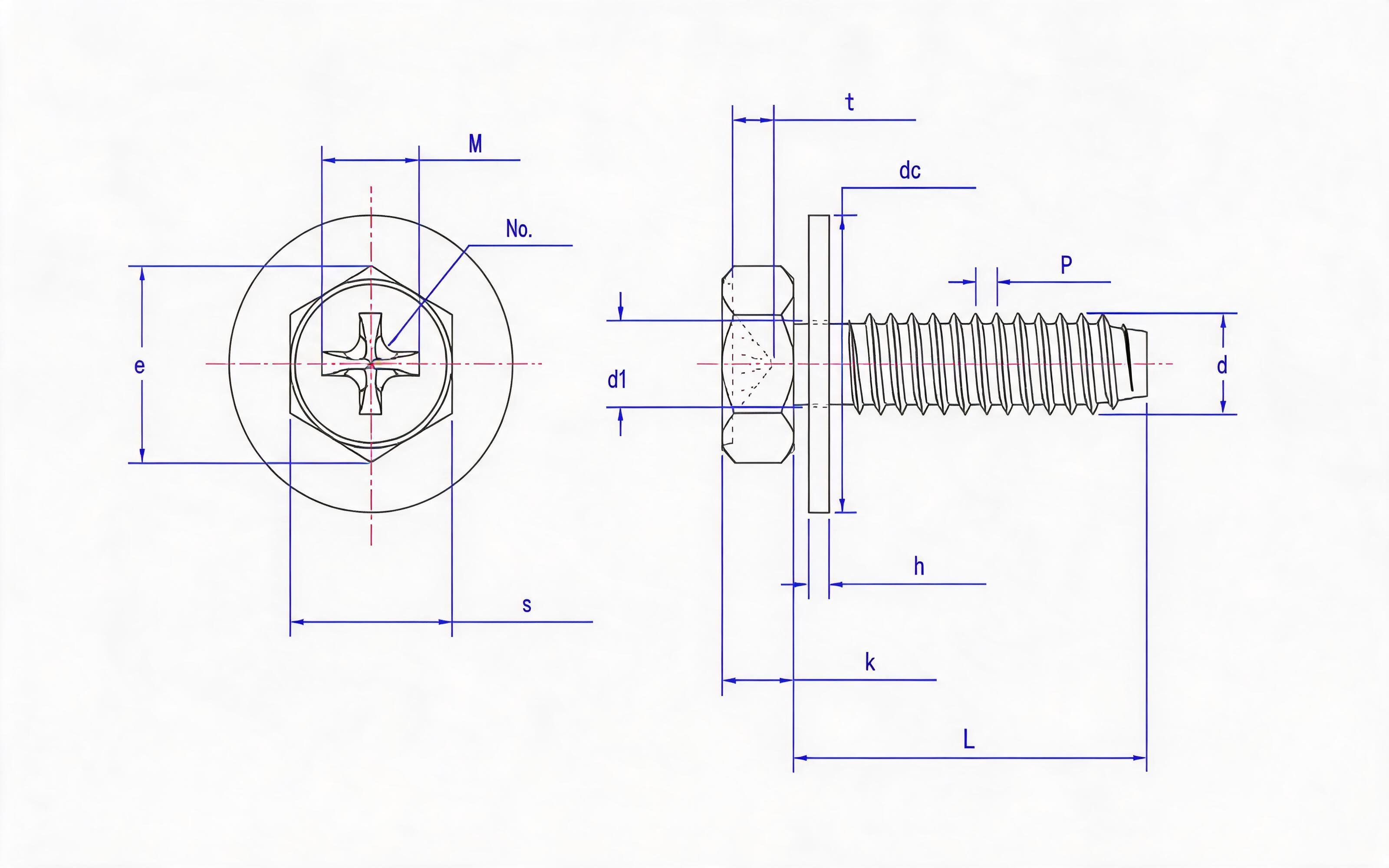 Cross recessed hexagon head self-tapping screw and large flat washer combination type F Standard Drawing