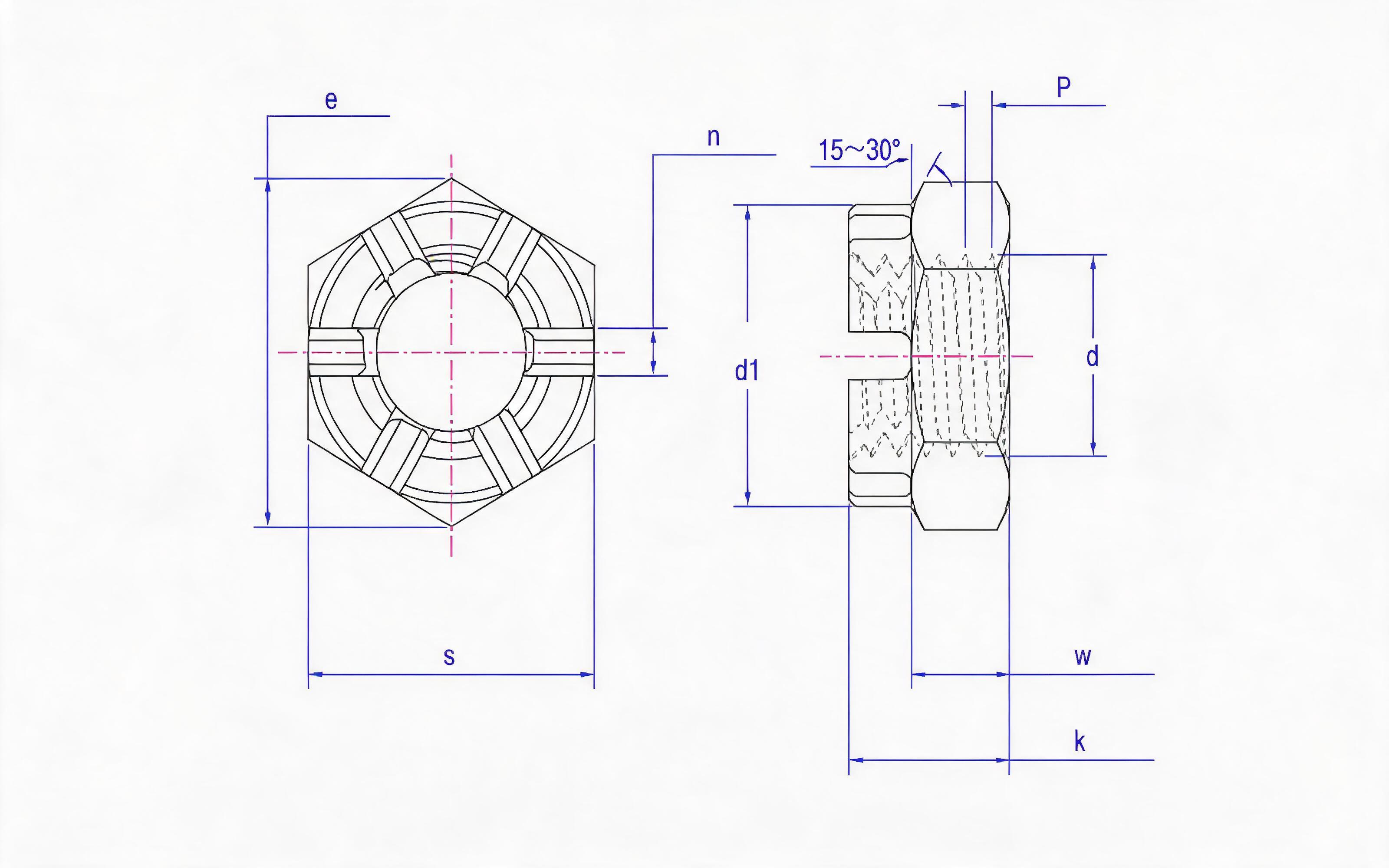 SLOTTED CROWN THIN NUT Standard Drawing