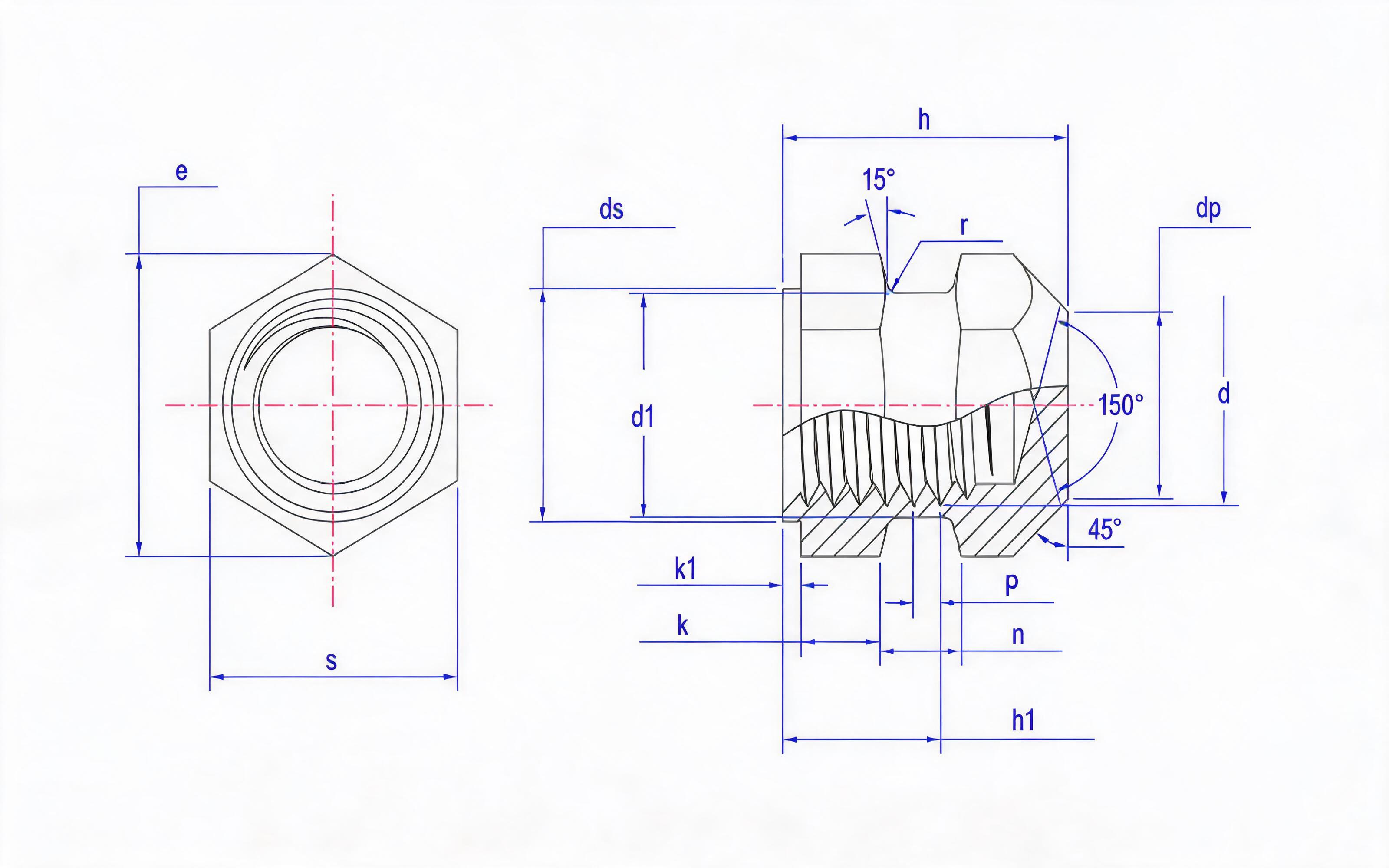 Hexagon closed intermediate slotted step insert nut (R type) Standard Drawing