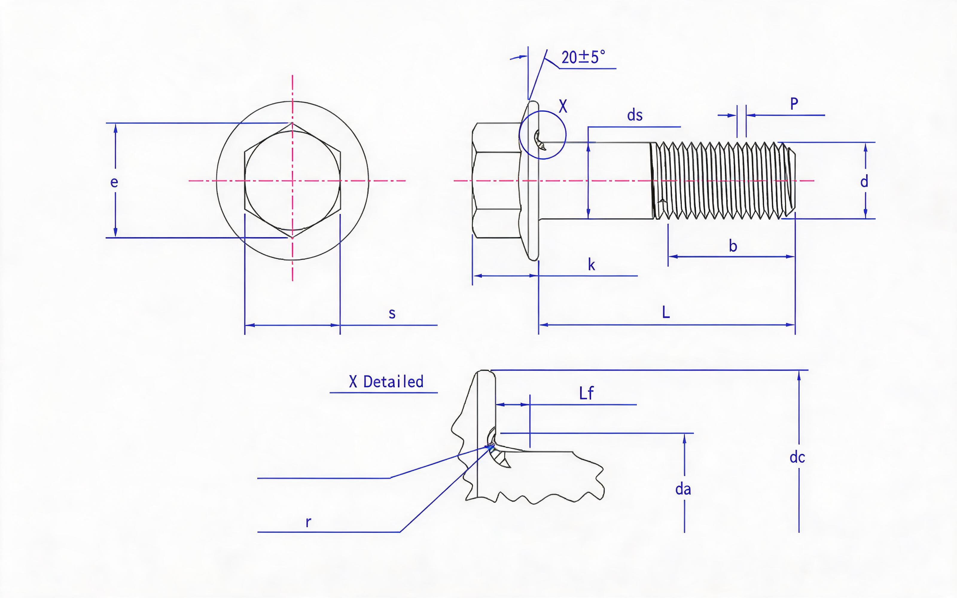 Hexagon flange coarse shank bolt Small series fine thread (U-shaped) Standard Drawing
