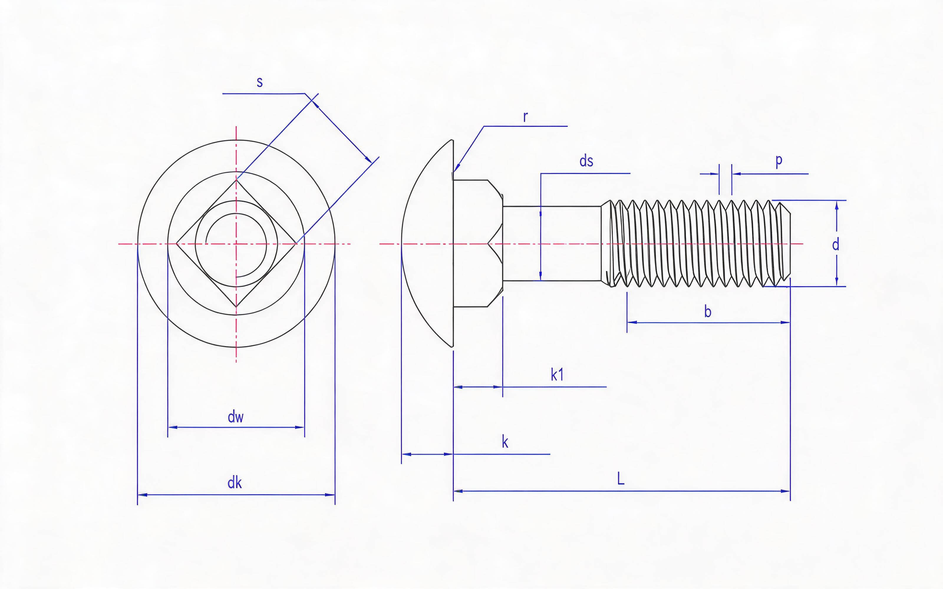 Type B reinforced round head square neck bolt Standard Drawing