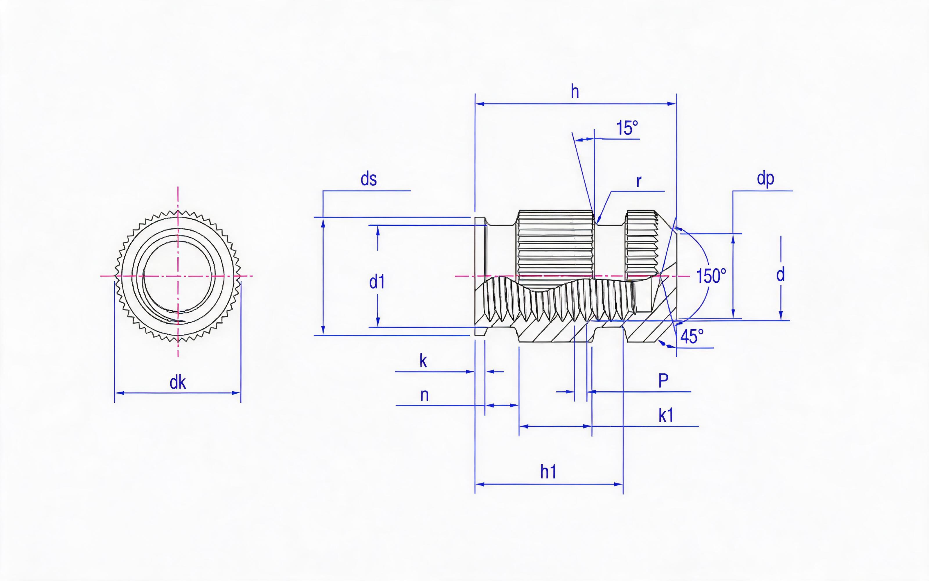 Knurled through-hole with intermediate slot multi-step insert nut closed type (U-shaped) Standard Drawing