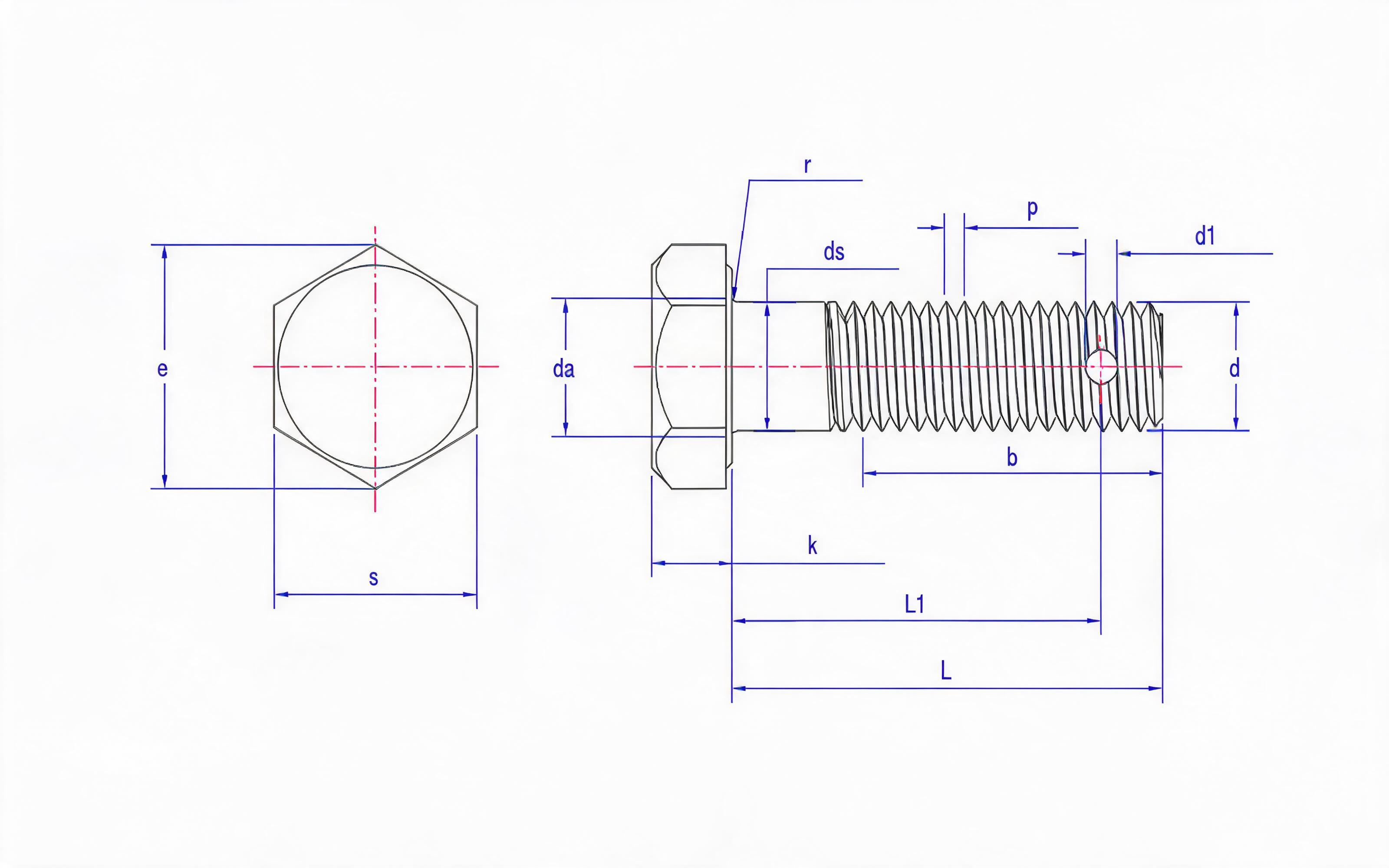 Fine thread hexagon screw bolt with hole Standard Drawing