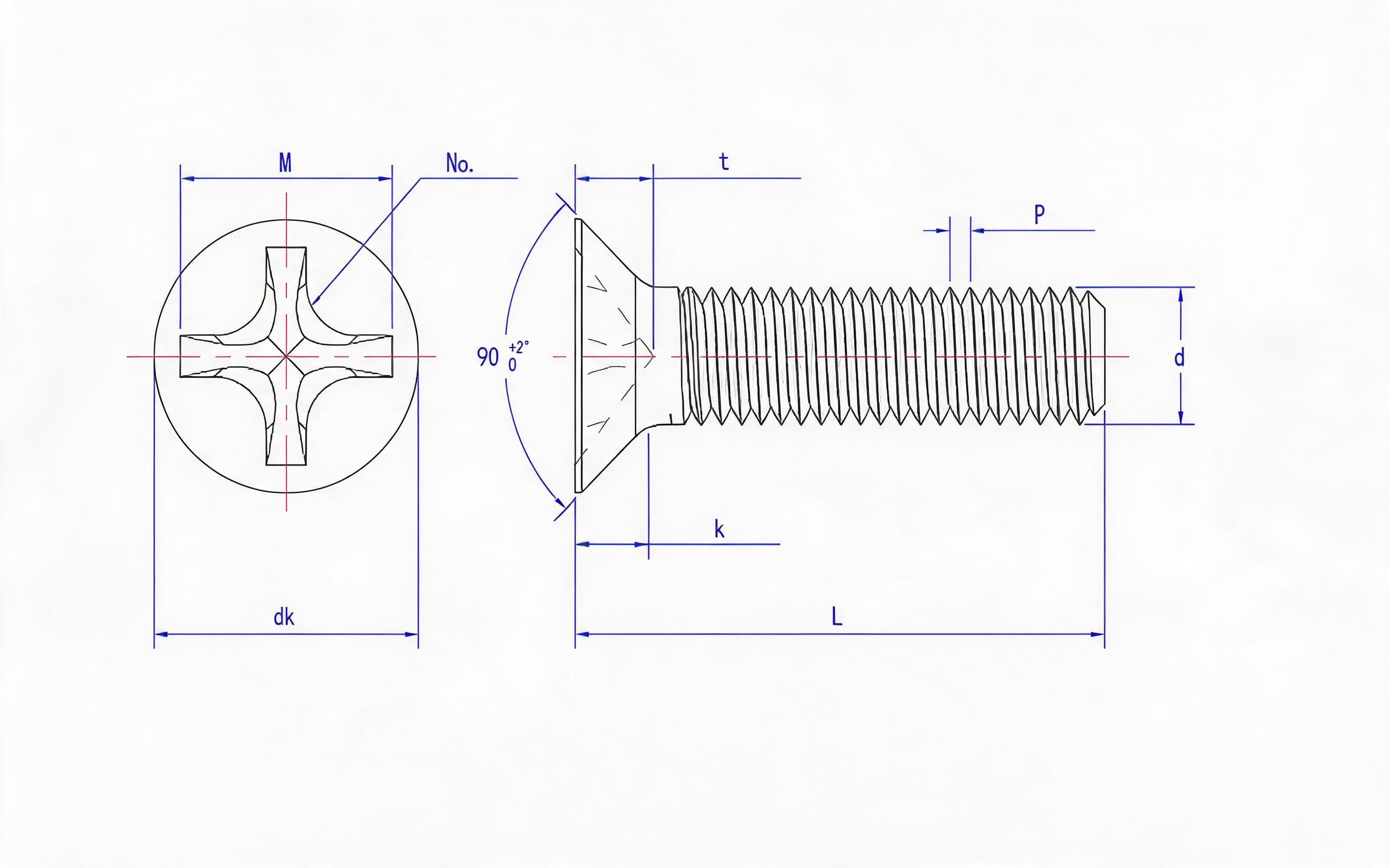 Grade 8.8, stainless steel and non-ferrous light cross recessed countersunk head screws (H-groove) Standard Drawing