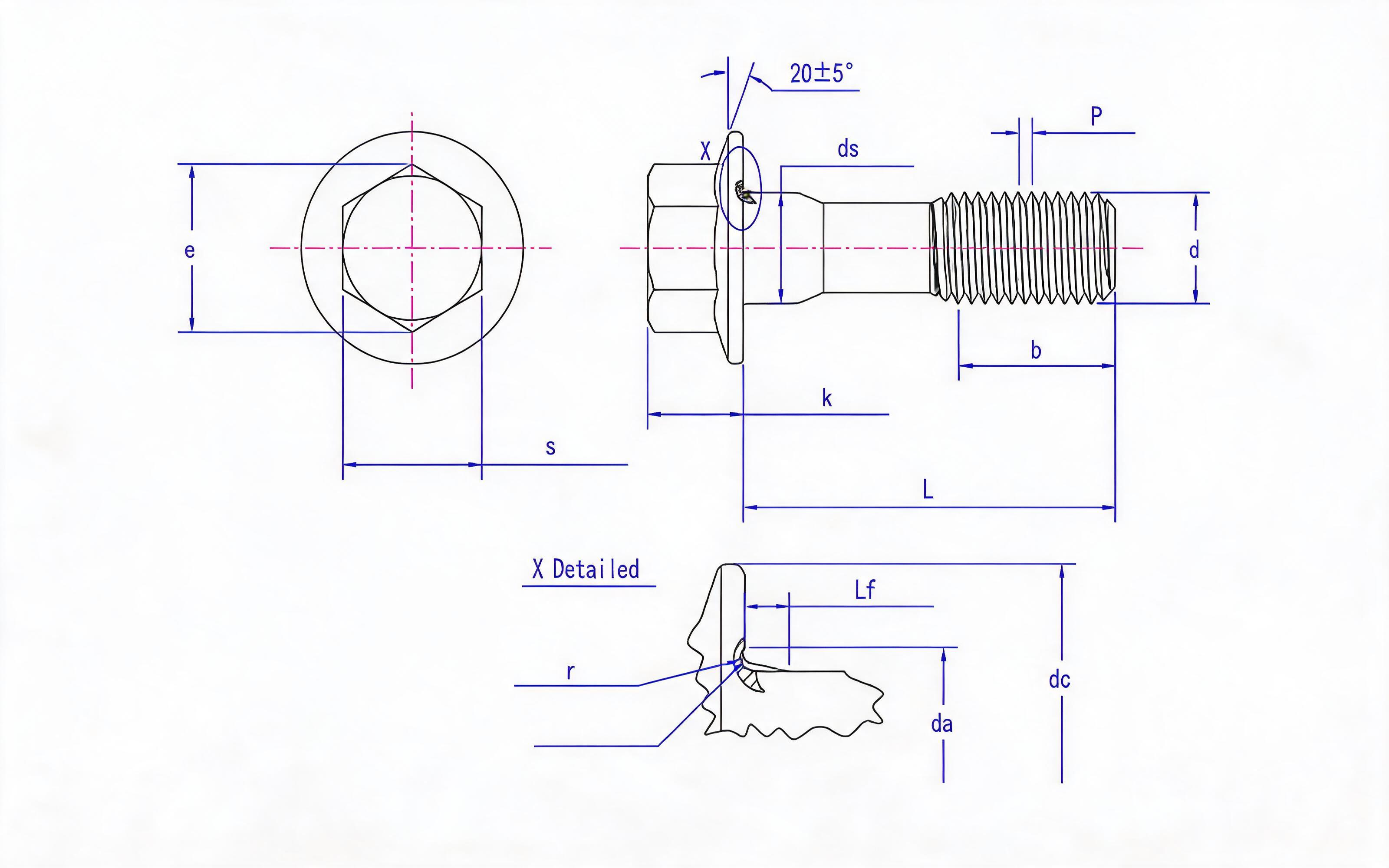 Hexagon flange fine shank bolt fine thread small series (U standard) Standard Drawing