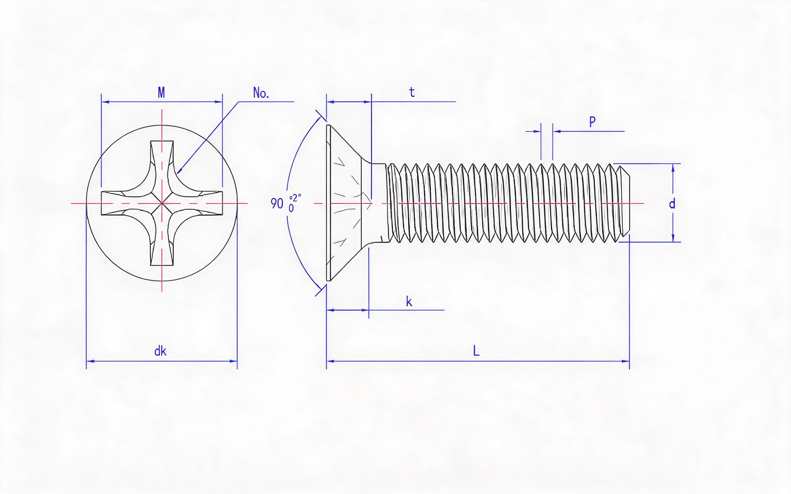 Grade 8.8, stainless steel and non-ferrous deep cross recessed countersunk head screws (H-groove) Standard Drawing