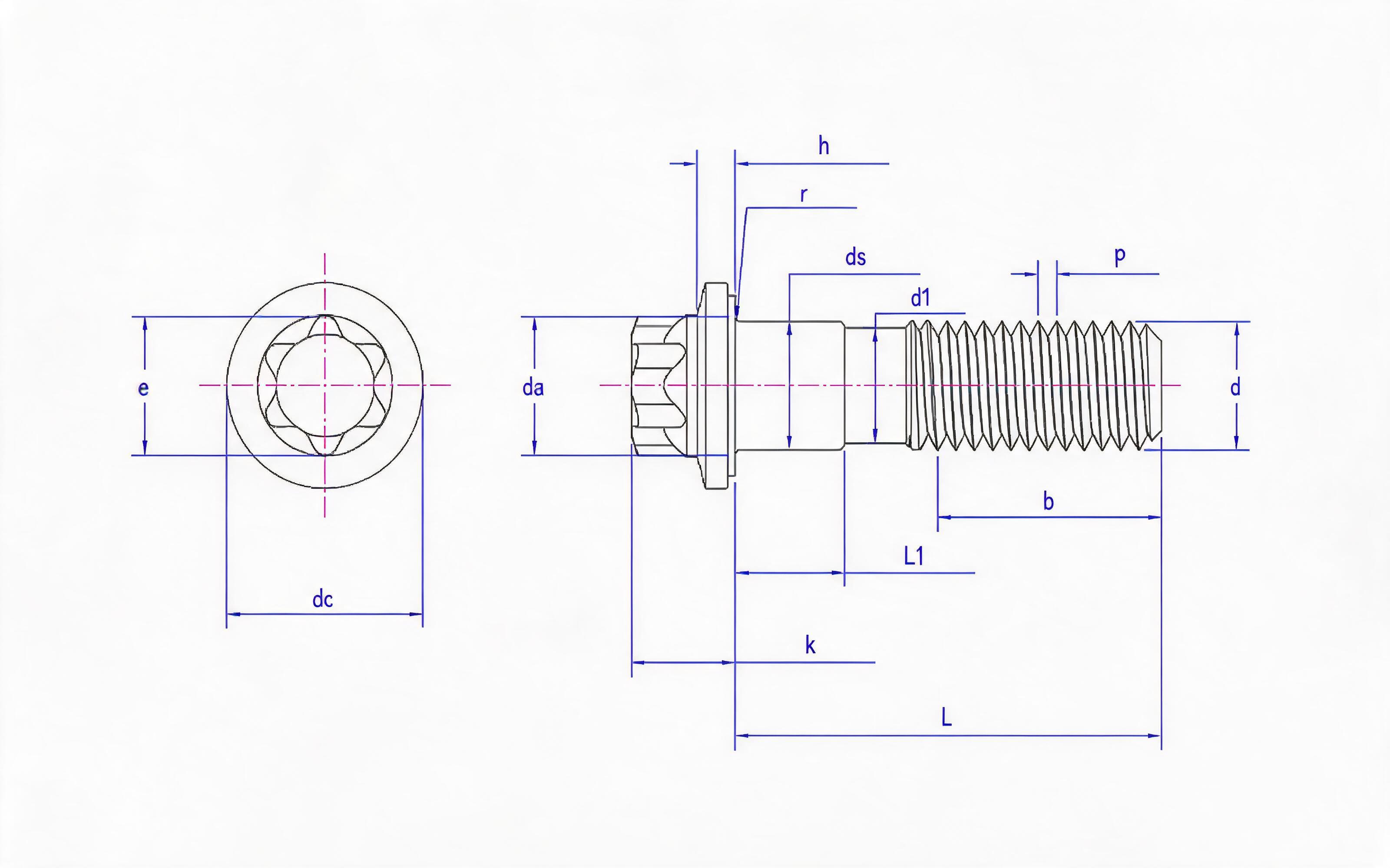 Small flange bolt of torx head fine rod (L>10d) Standard Drawing