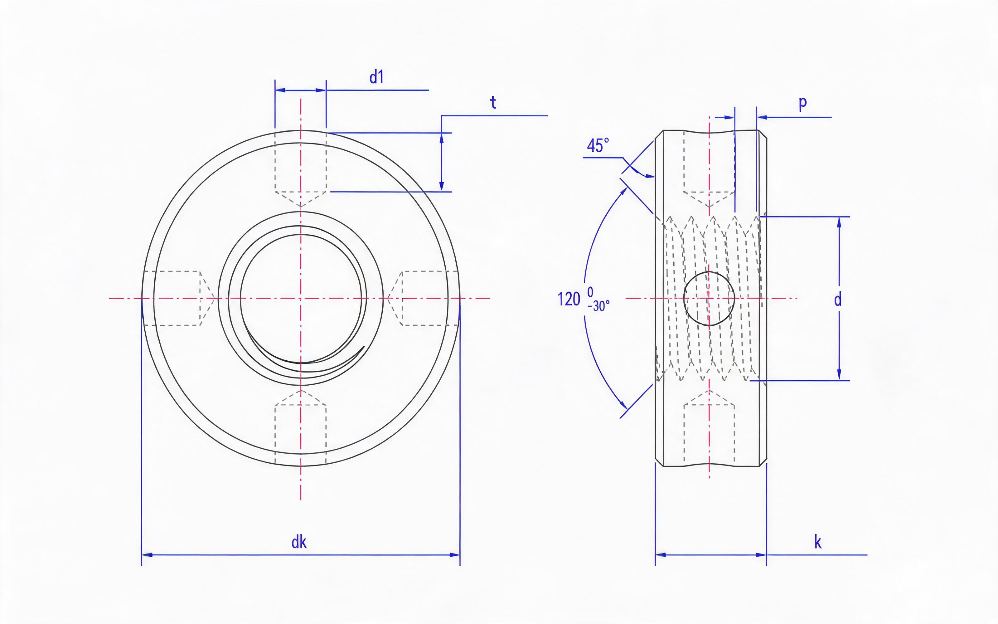 Side round nut with hole Standard Drawing