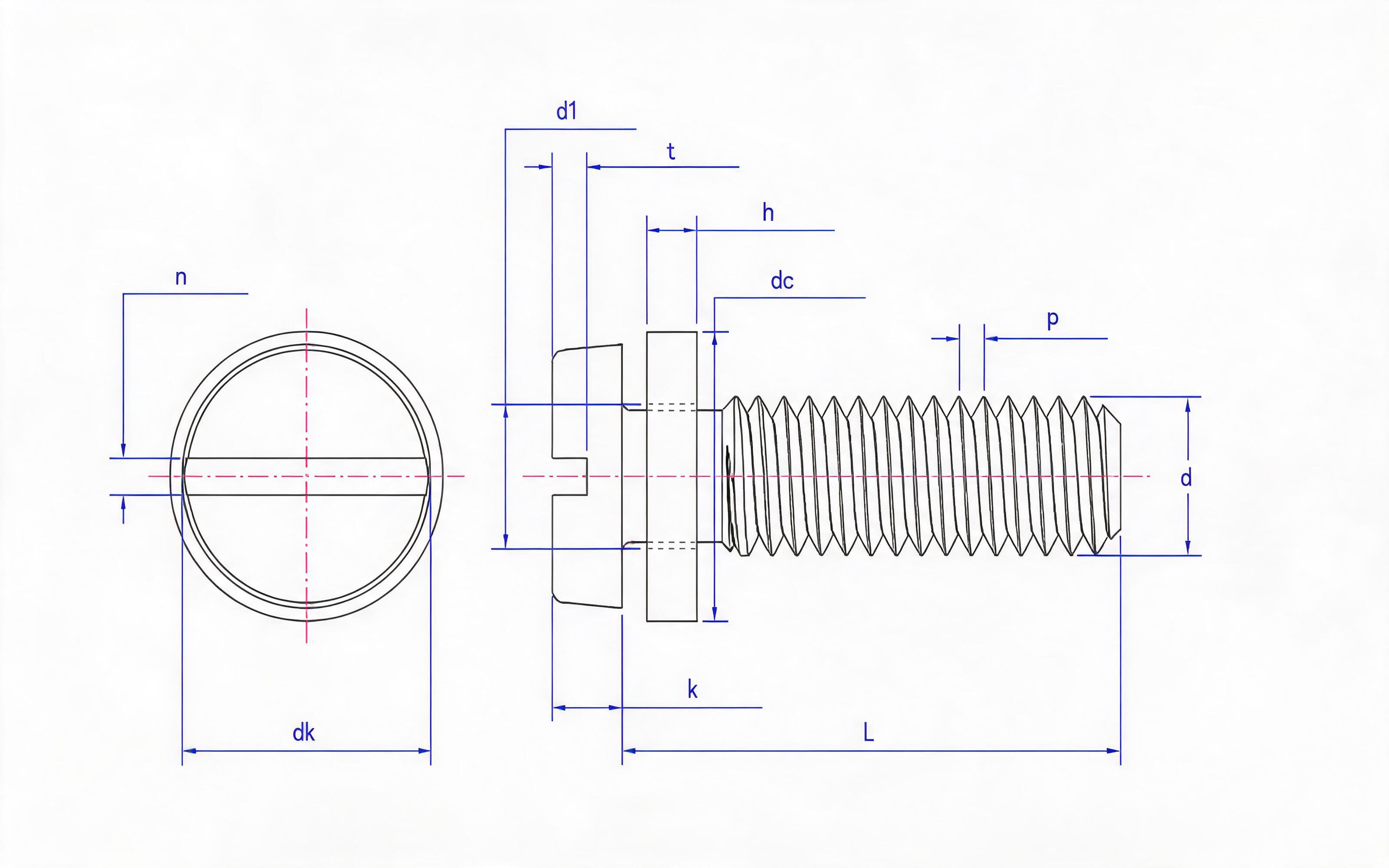 Combination of slotted cheese head screw and small flat washer Standard Drawing