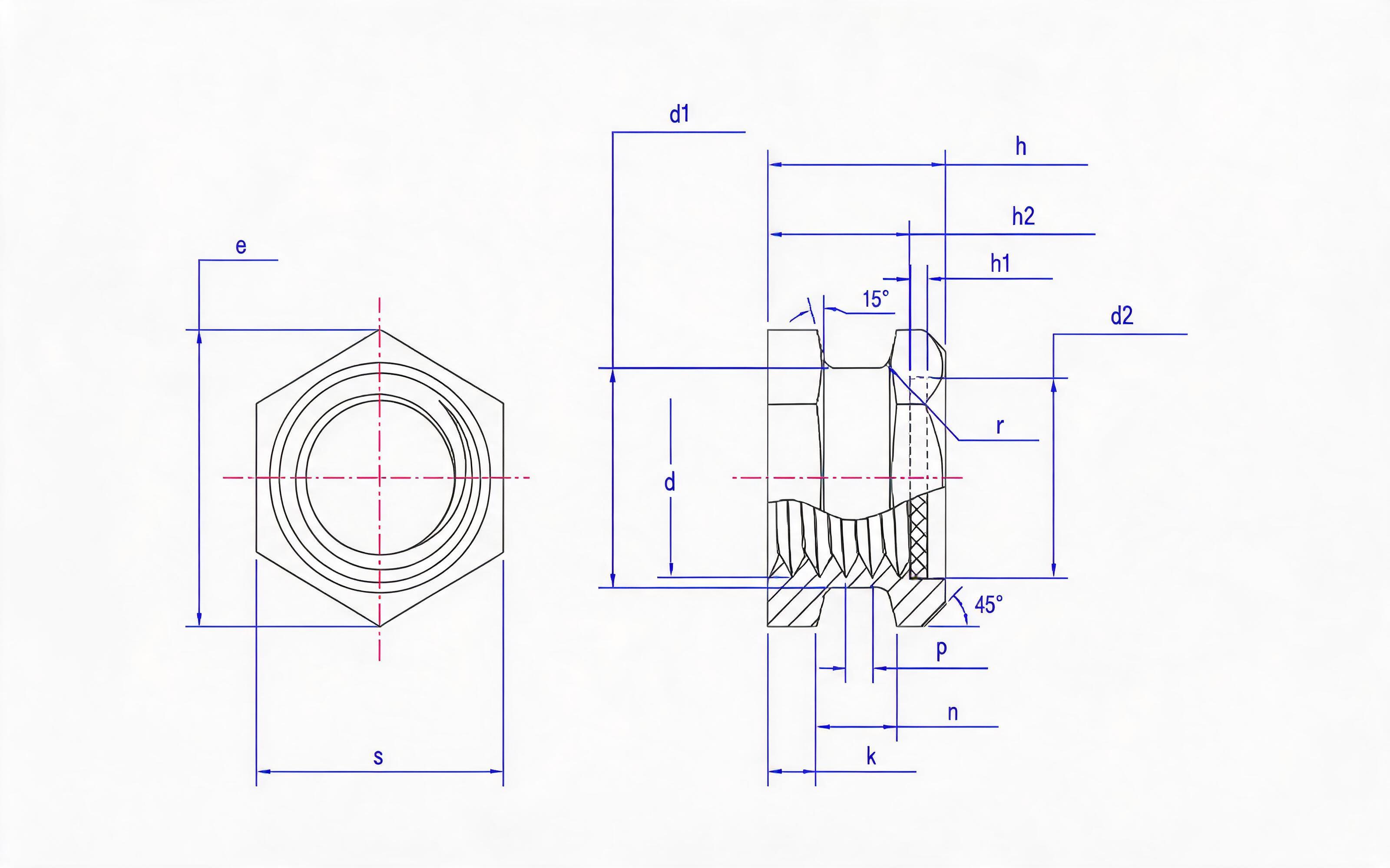 Hexagon through-hole middle belt groove insertion nut with plastic gasket (Type E) Standard Drawing