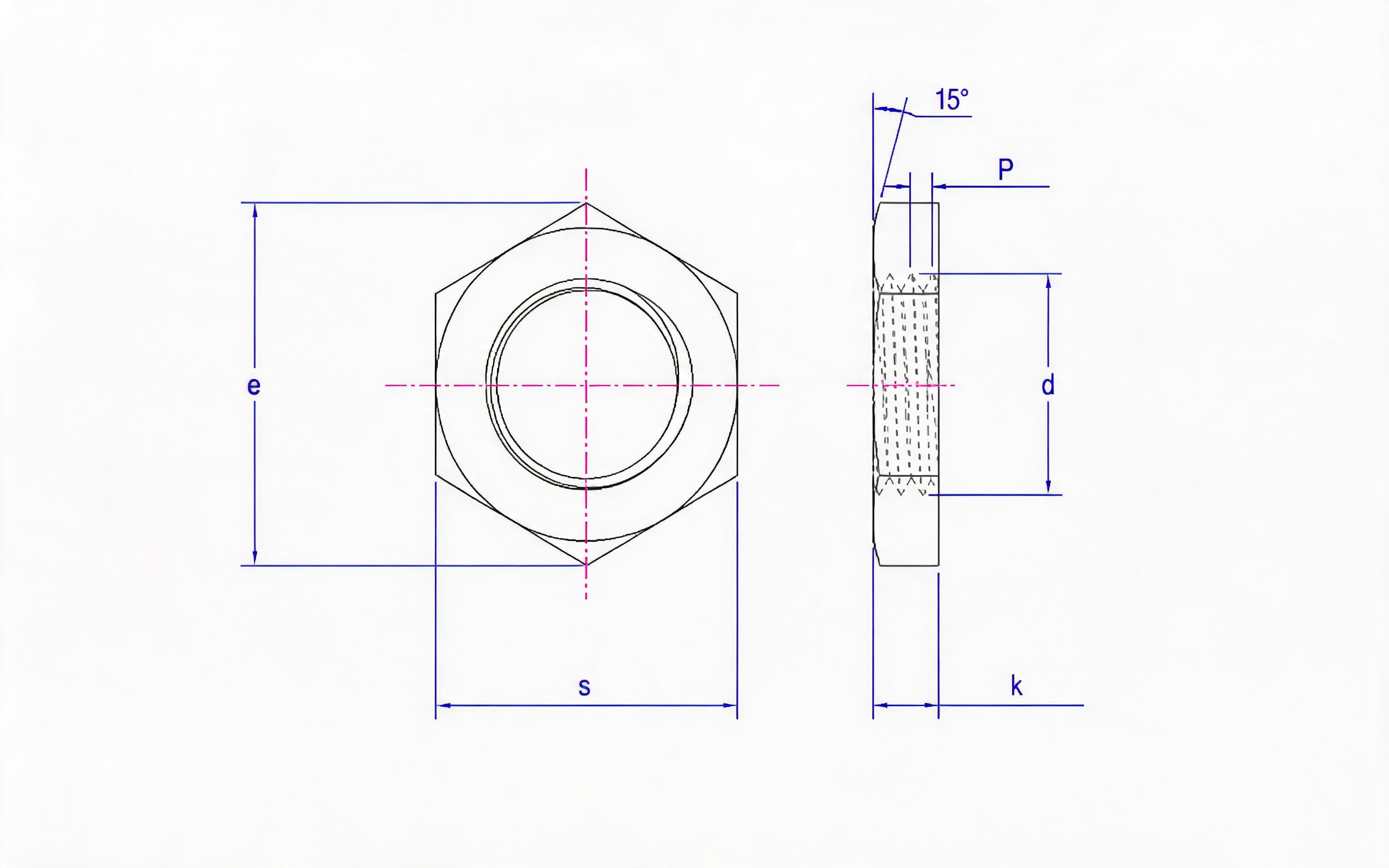 Single chamfer small hexagon extra flat very fine thread nut Standard Drawing