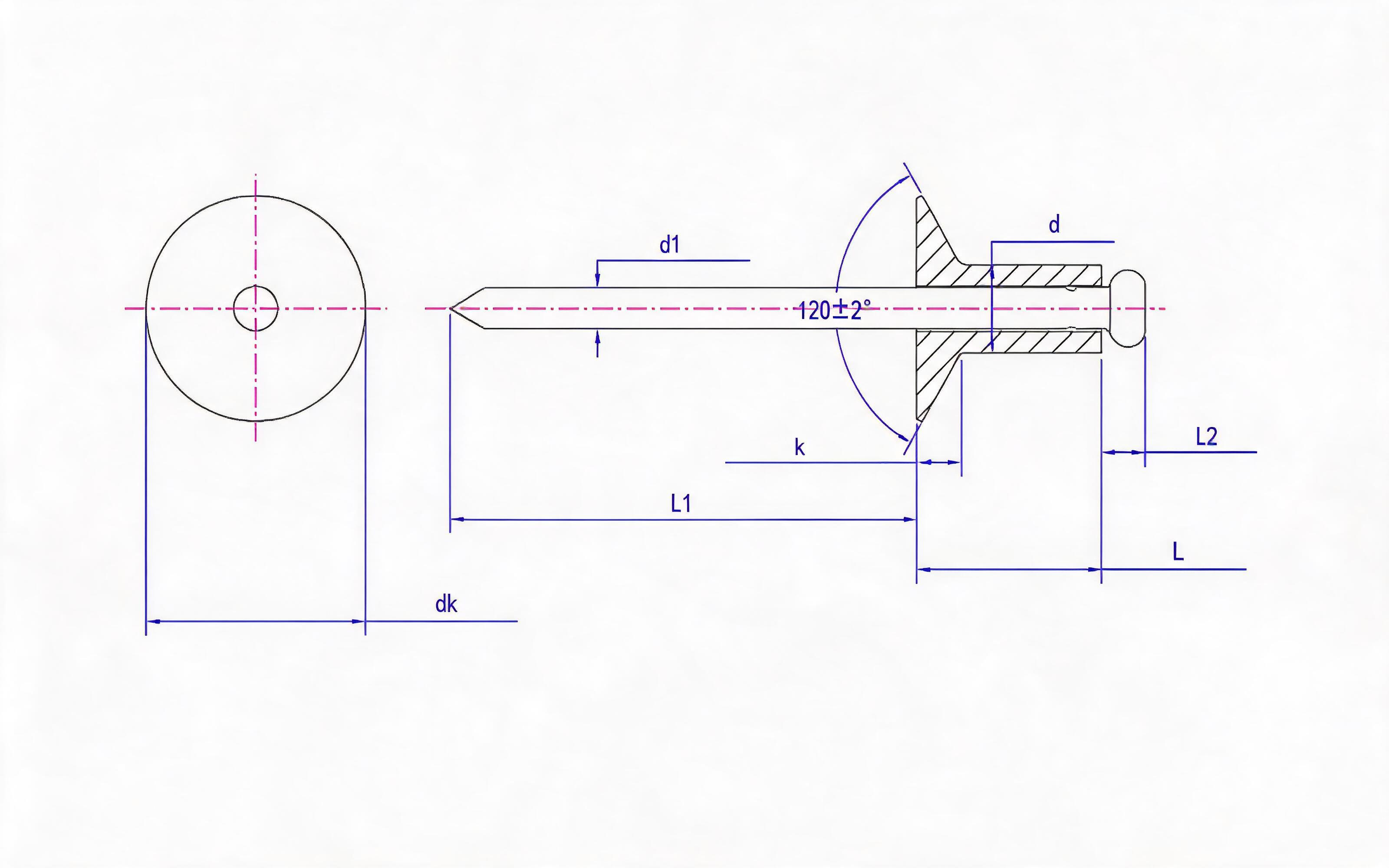 Open end countersunk head pop rivet Standard Drawing