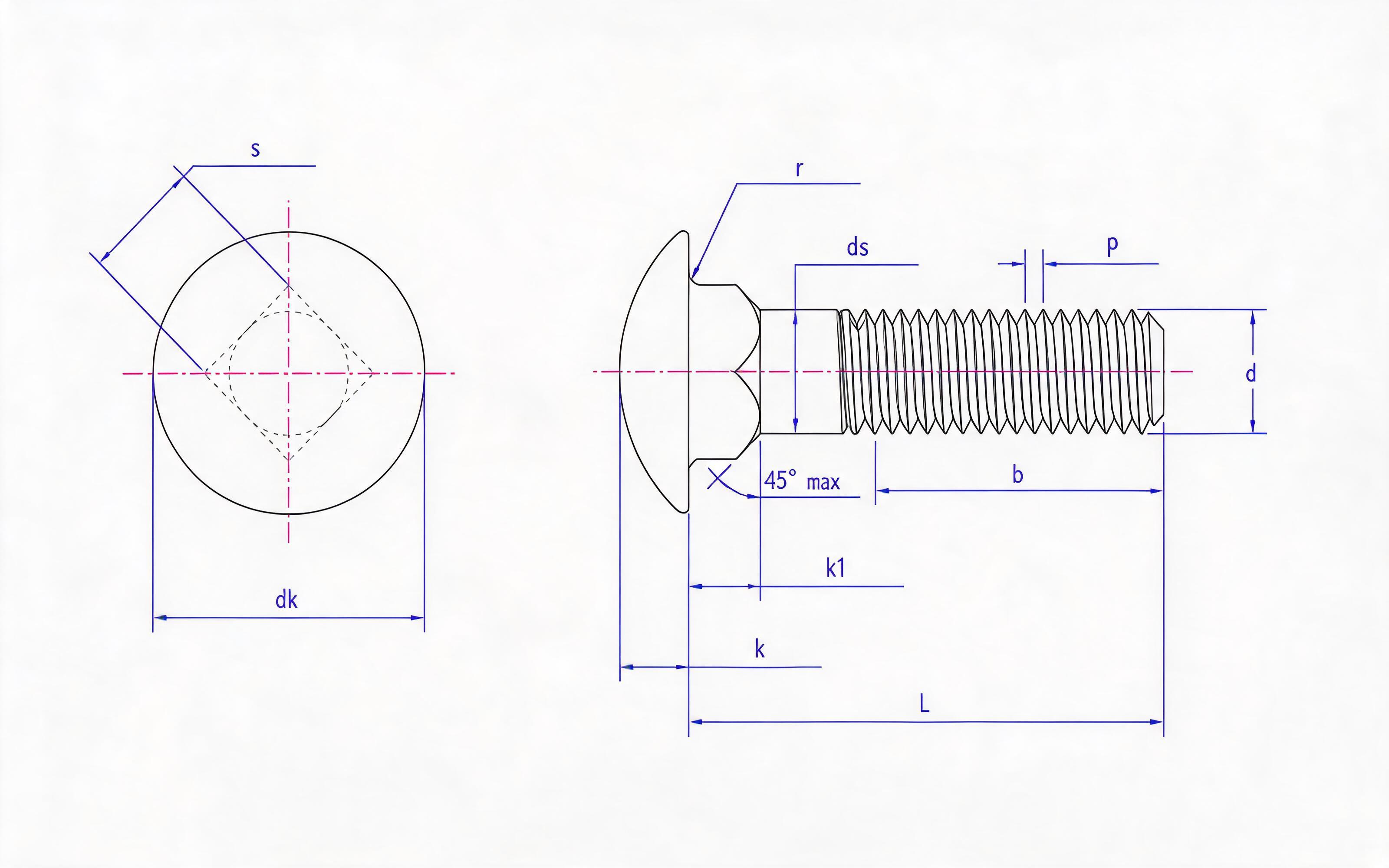 Large round head square neck bolt Standard Drawing