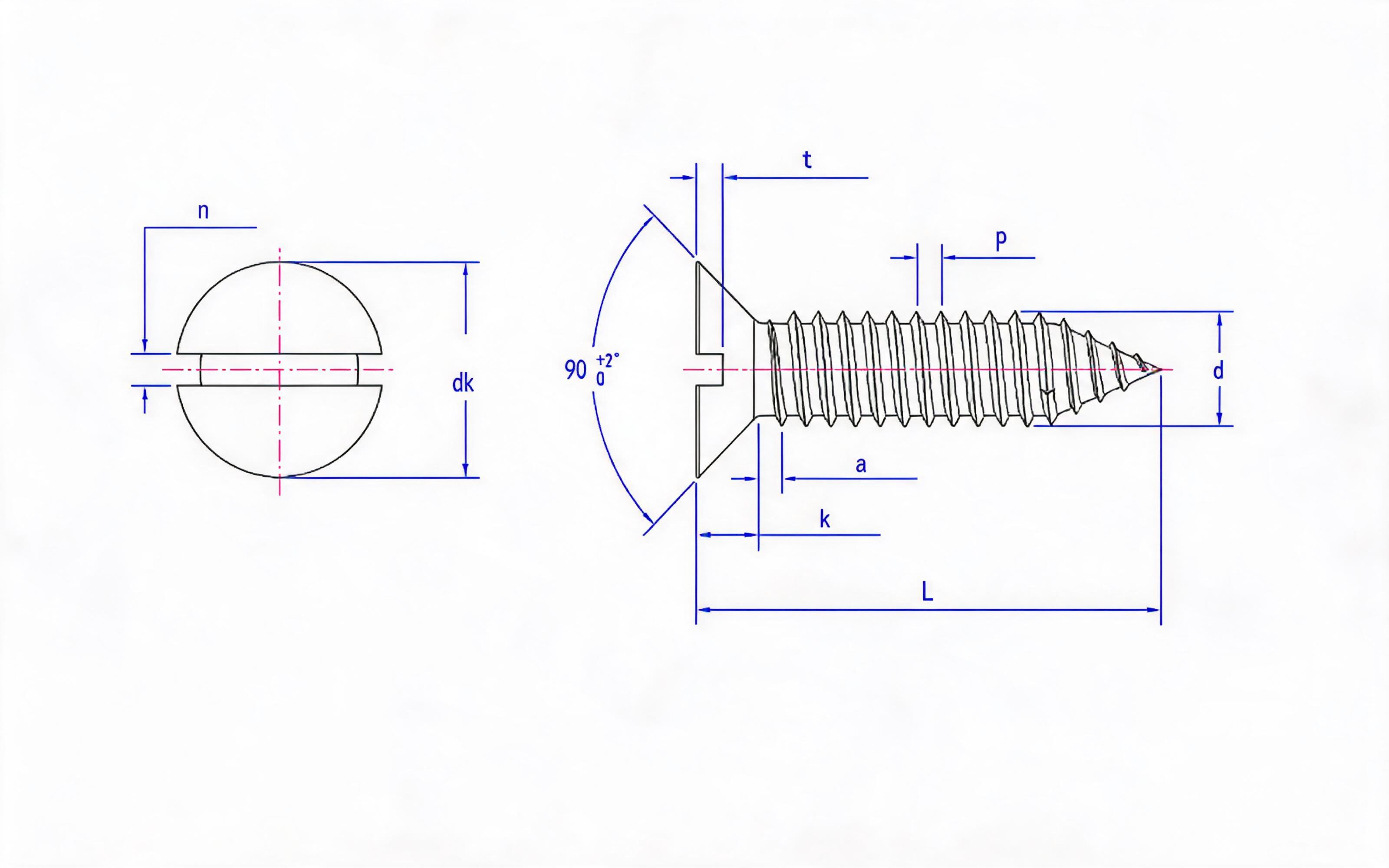 Slotted countersunk head self-tapping screw Type C Standard Drawing