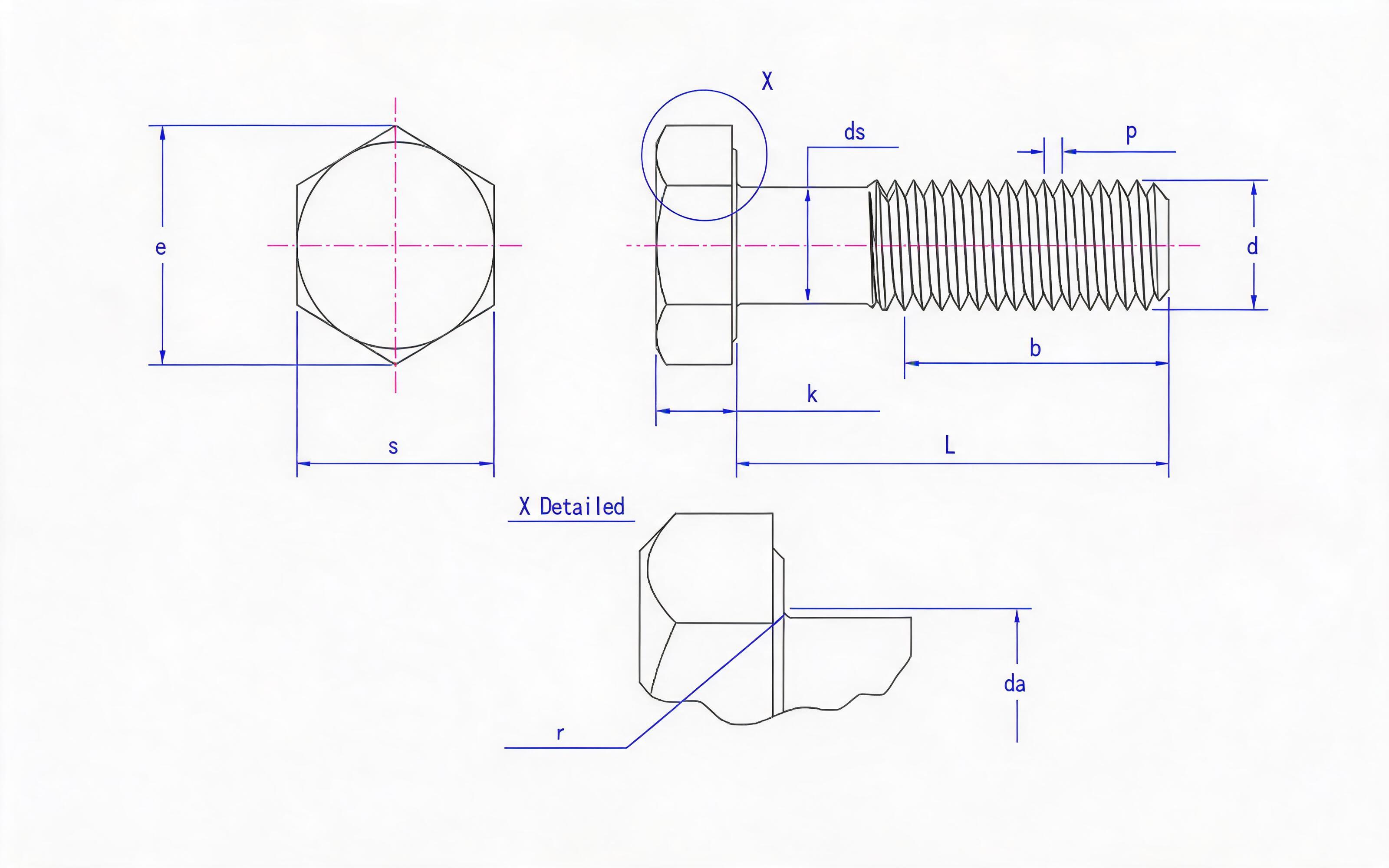 HEXAGON HEAD FINE ROD BOLT Standard Drawing