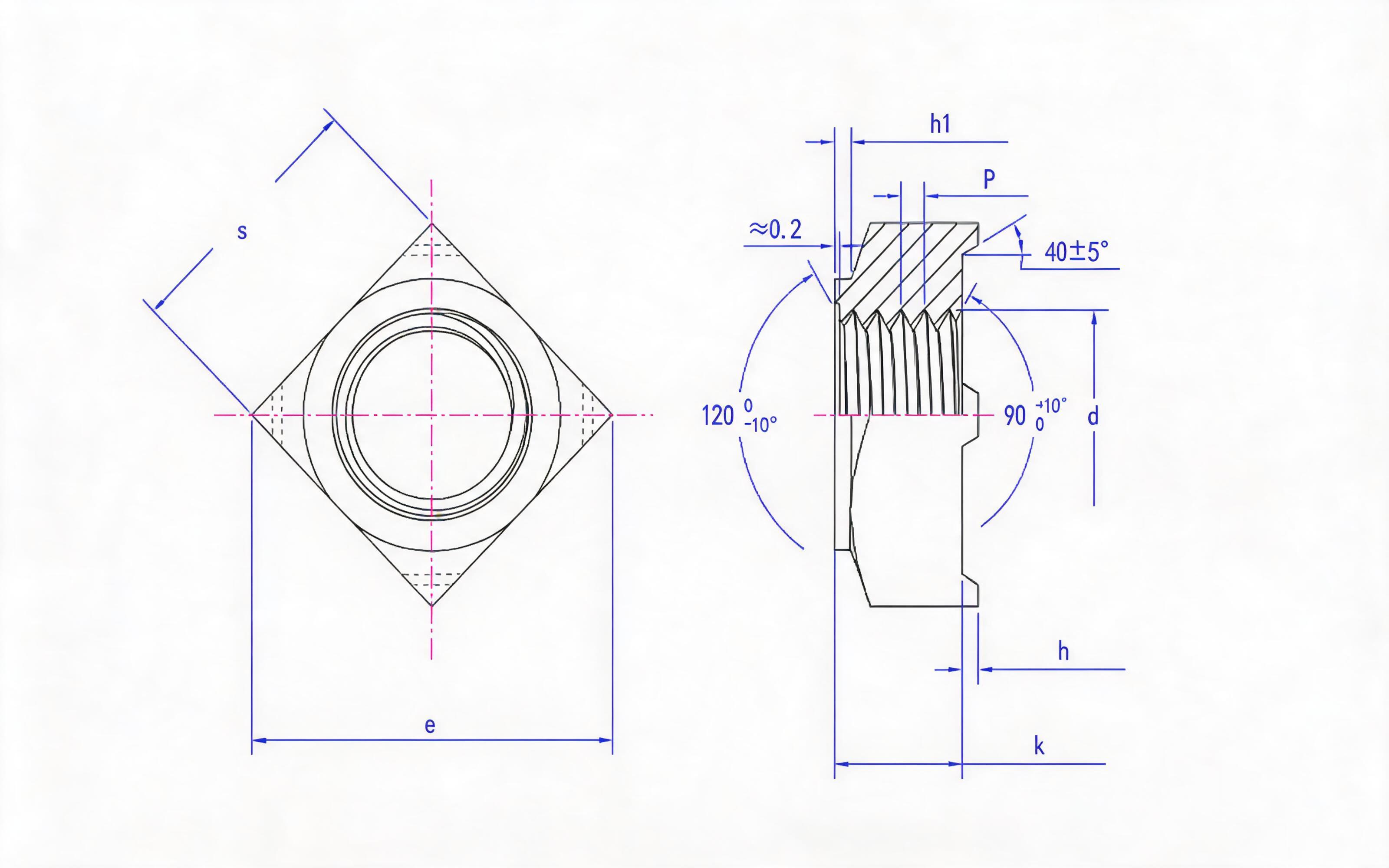 Unified thread square welding nut (large opposite side) Standard Drawing