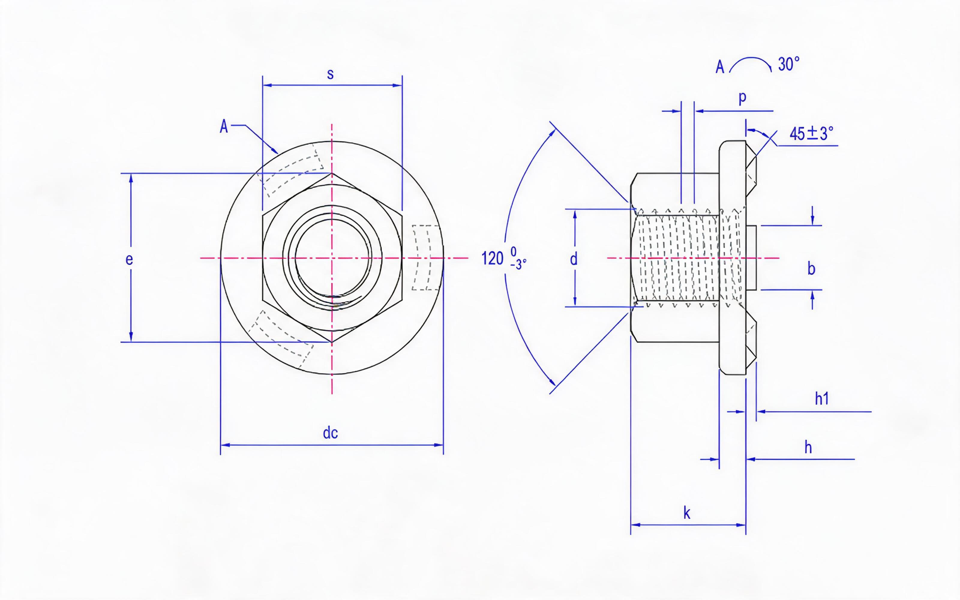 Hexagon flange welding nut Standard Drawing