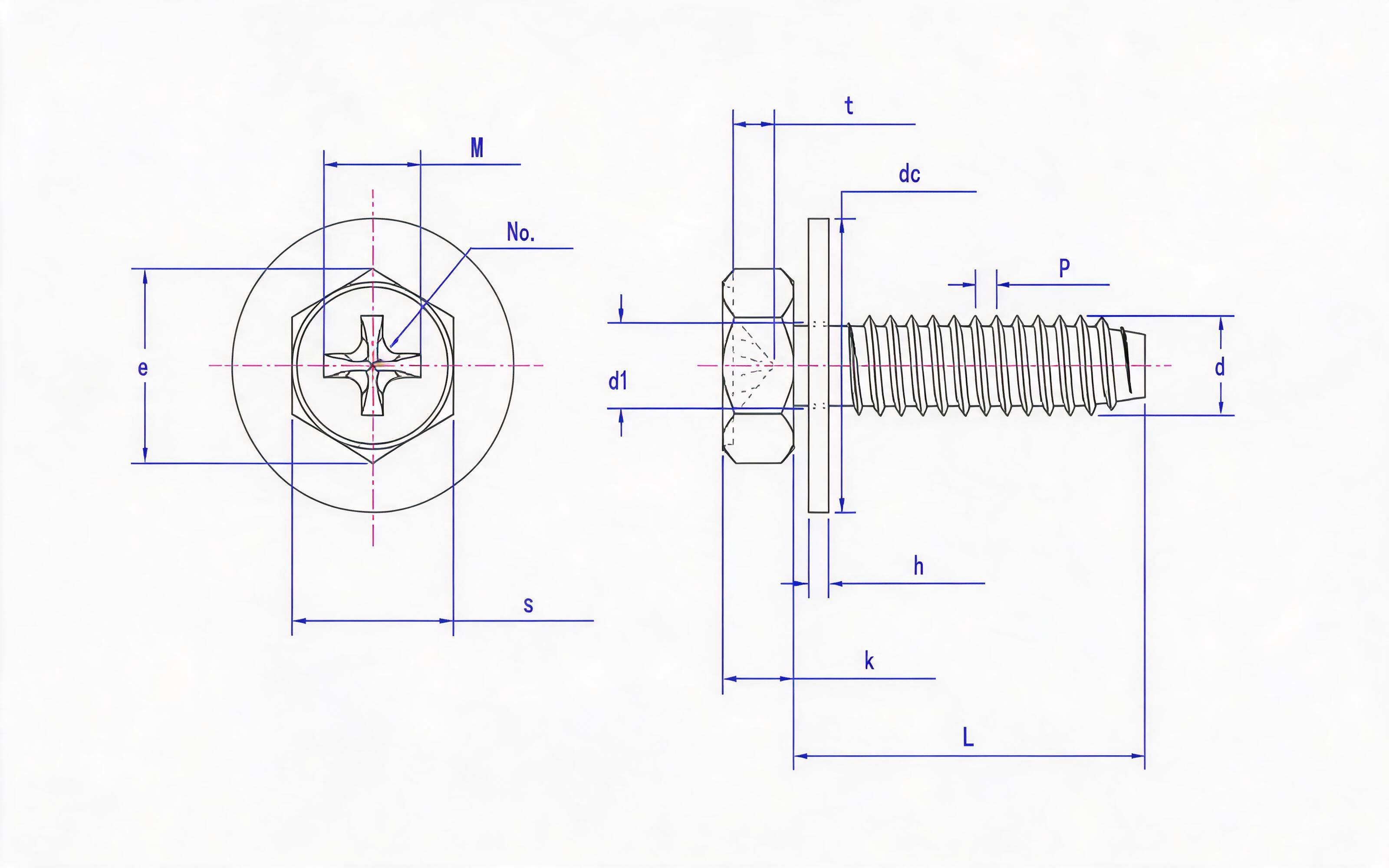 Cross recessed hexagon head self-tapping screw and large flat washer combination type F Standard Drawing