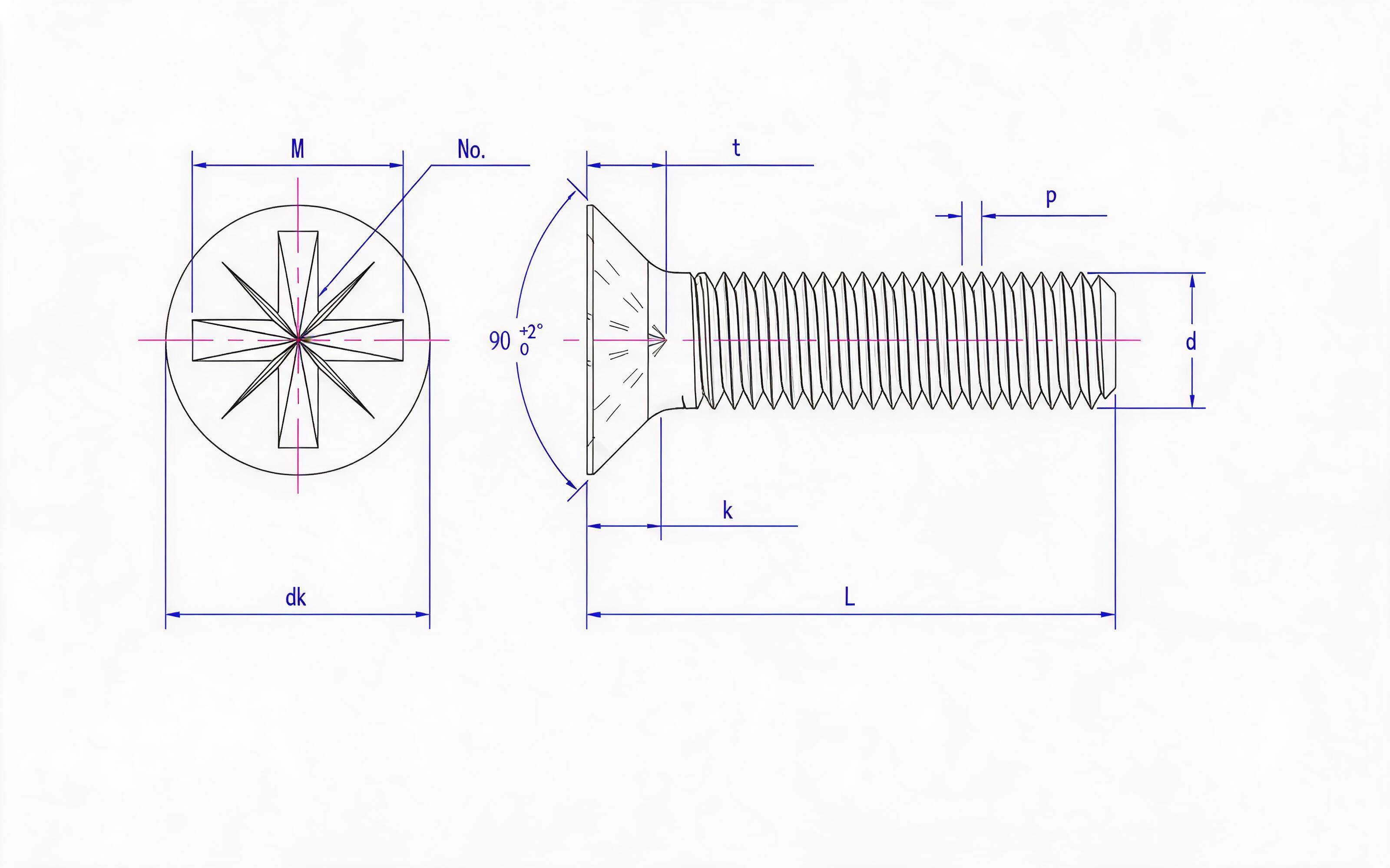 Grade 8.8, stainless steel and non-ferrous deep herringbone groove countersunk head screw (Z-groove) Standard Drawing