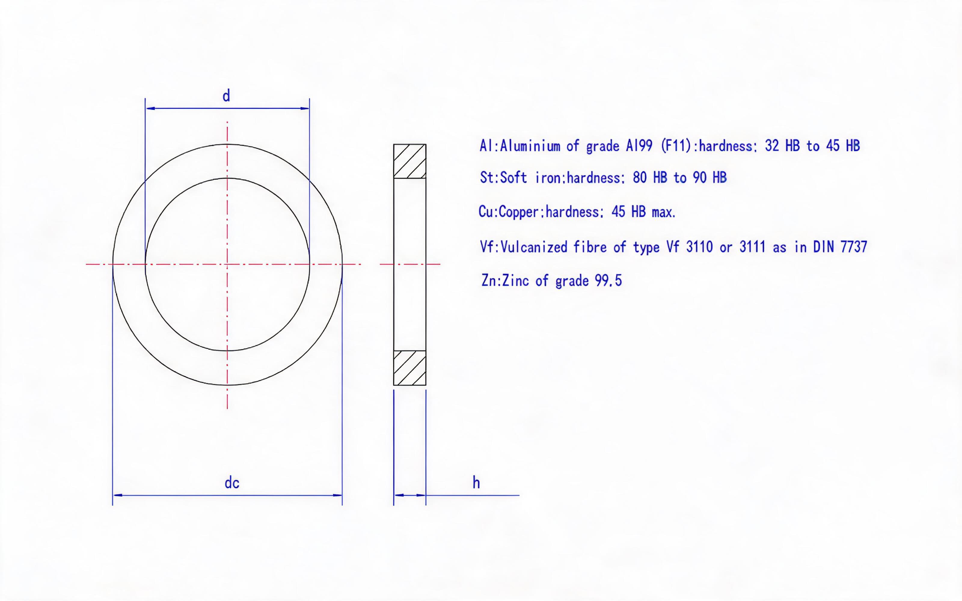 Small sealing washer type A (Al St Cu Vf Zn) Standard Drawing