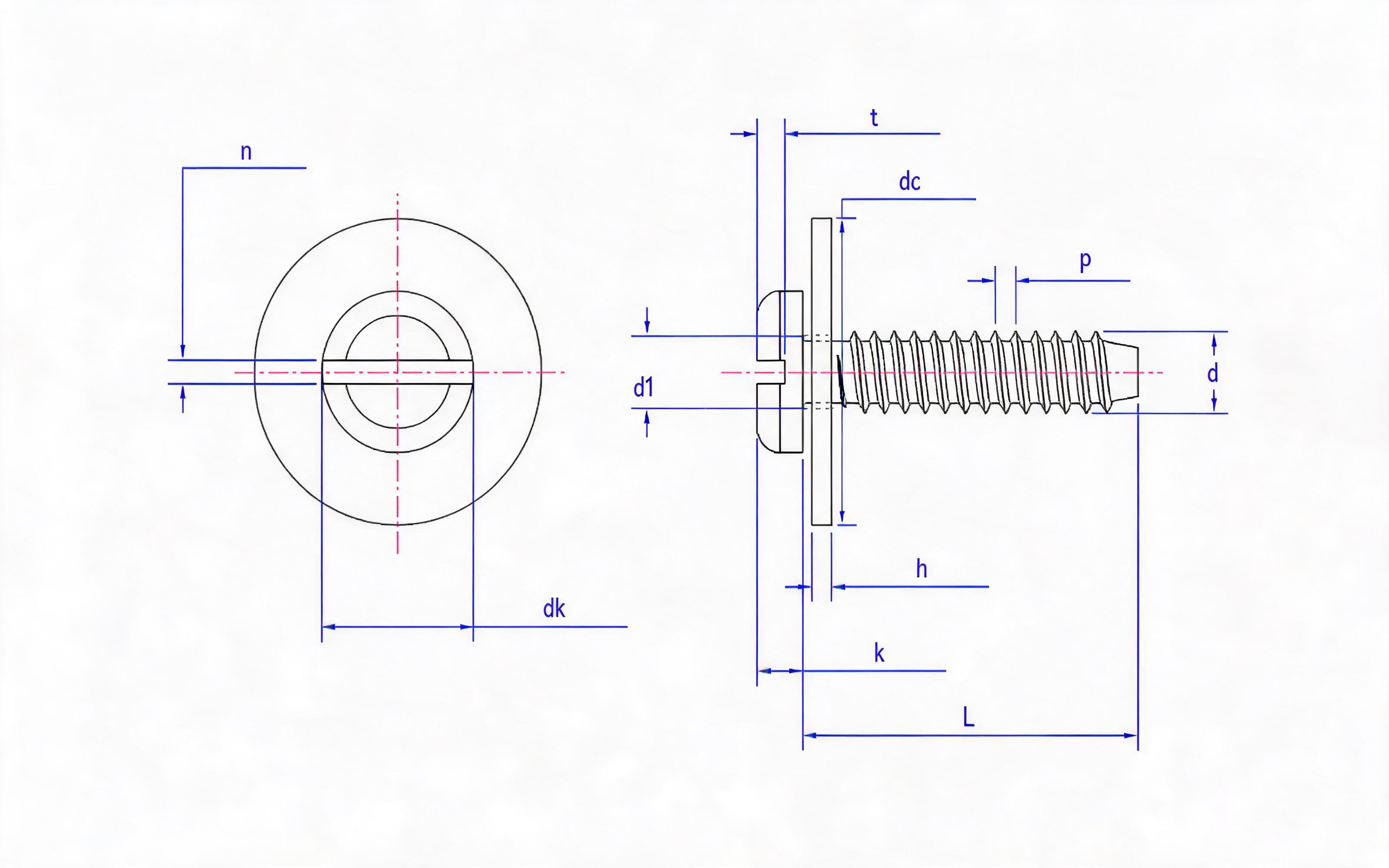 Slotted panhead self-tapping screw and large flat washer combination type F Standard Drawing