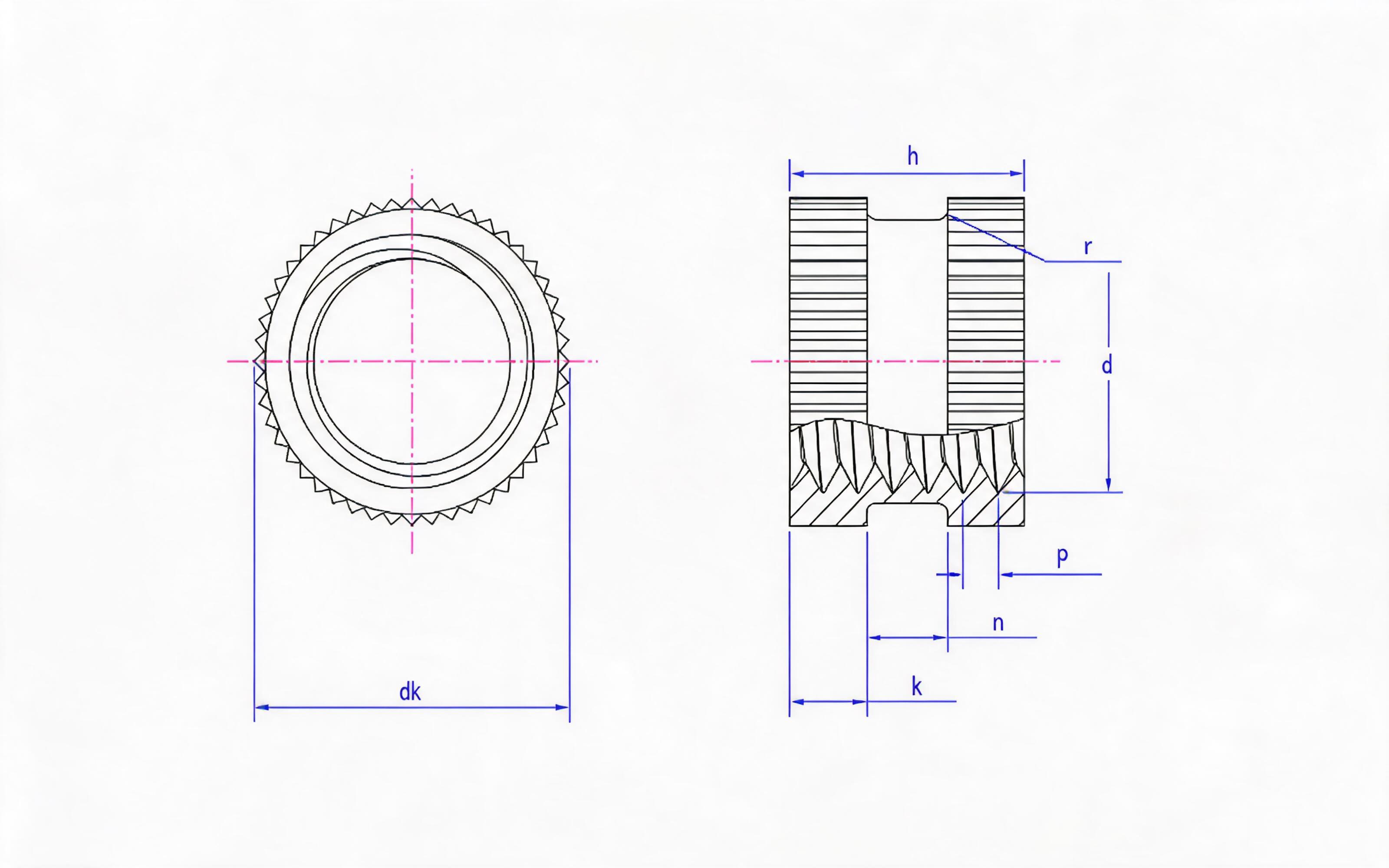 Knurled through-hole insert nut with slot in the middle (Type B) Standard Drawing