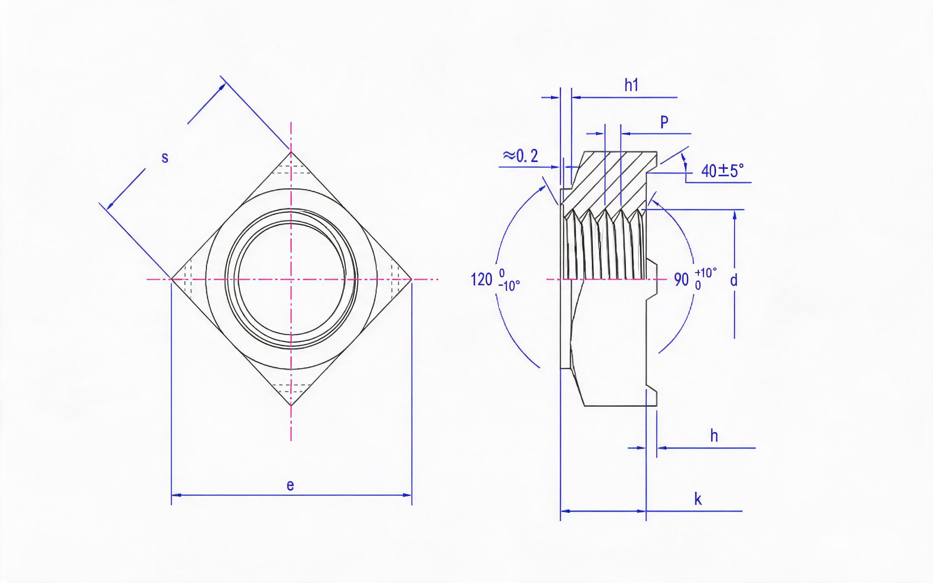 Unified thread square welding nut Standard Drawing