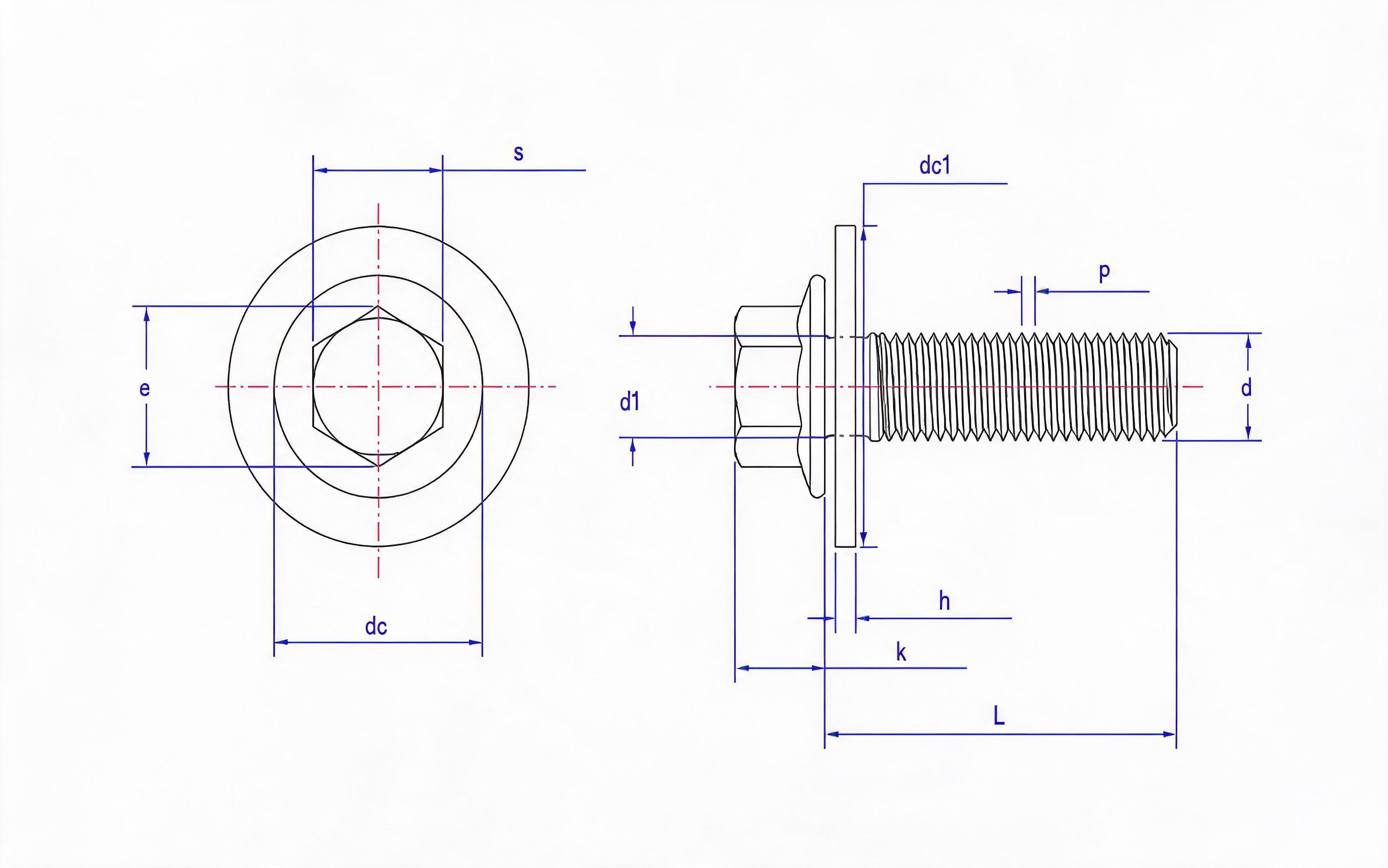 Hexagon flange bolt small series fine thread (type F) and large flat washer combination Standard Drawing