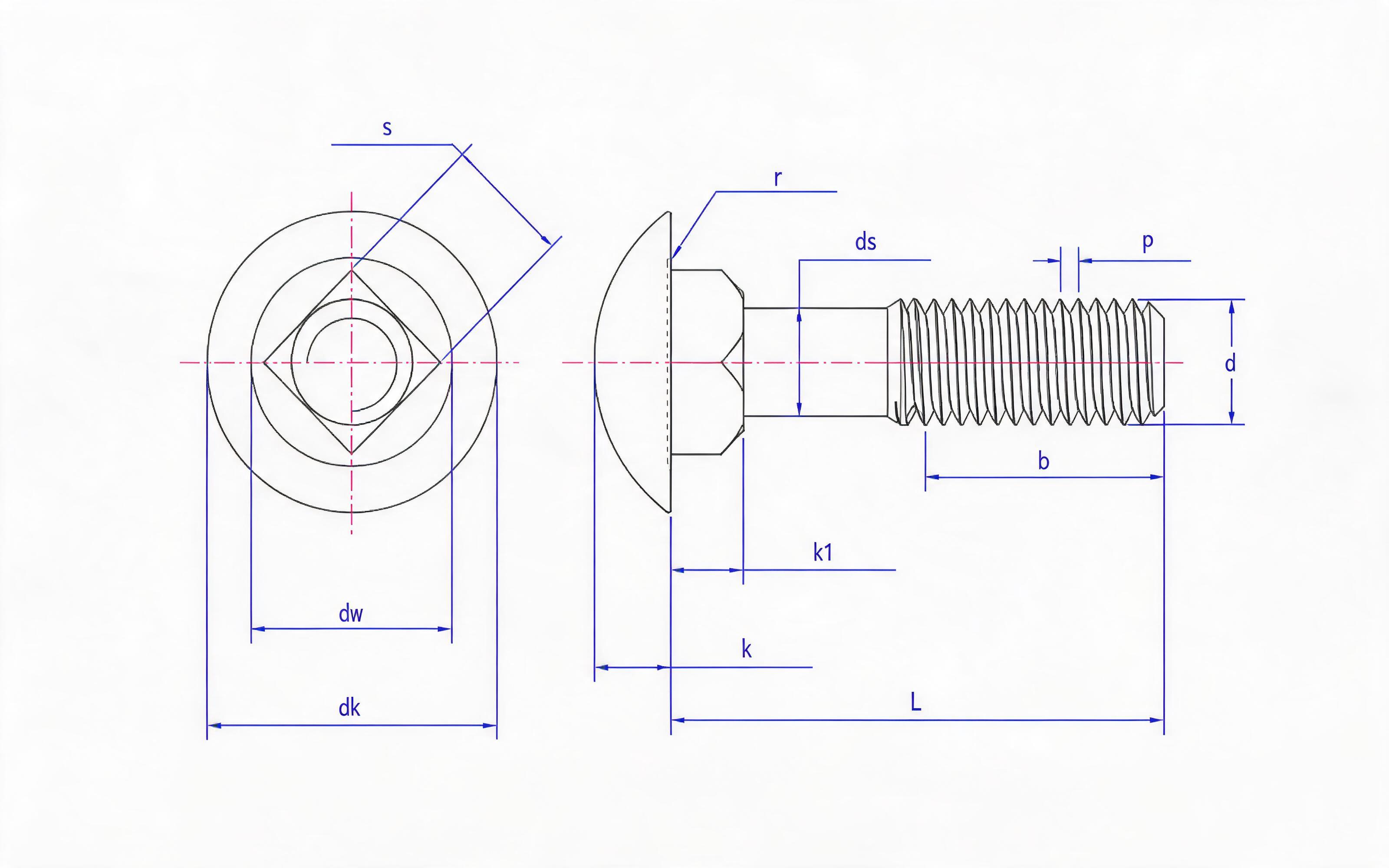 Type B reinforced round head square neck bolt Standard Drawing