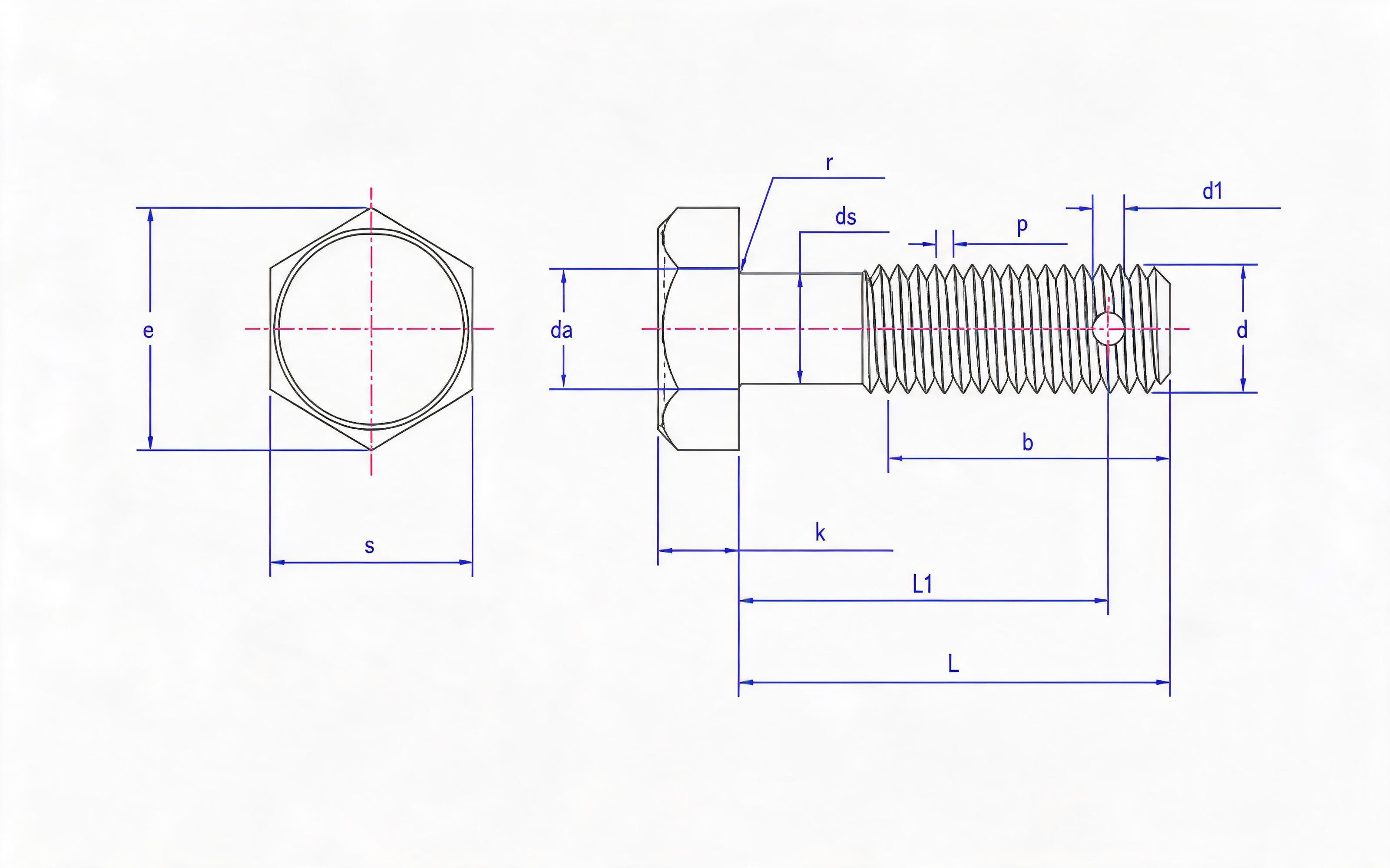 Thin shank hexagon screw bolt with hole Standard Drawing