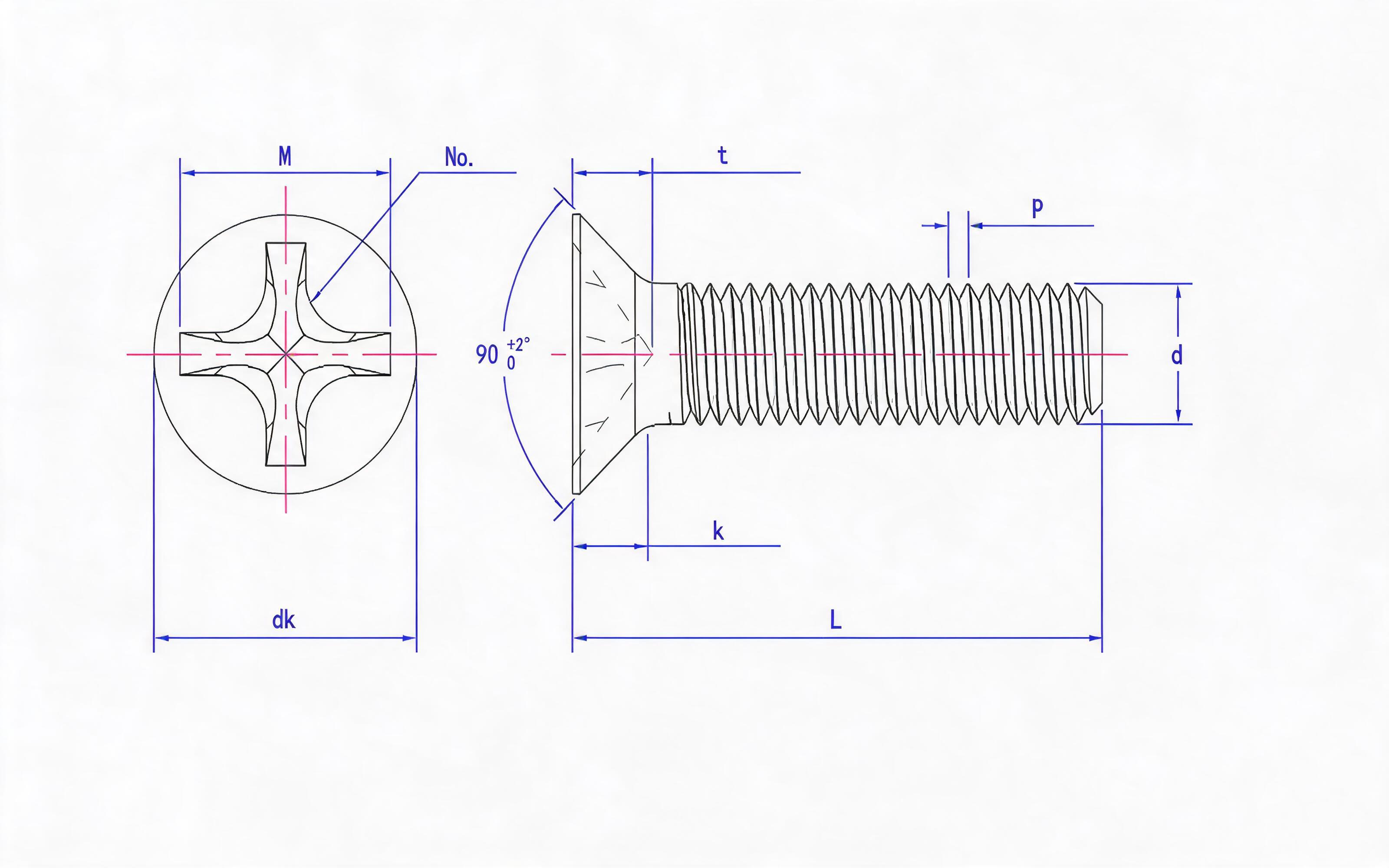 Grade 8.8, stainless steel and non-ferrous light cross recessed countersunk head screws (H-groove) Standard Drawing