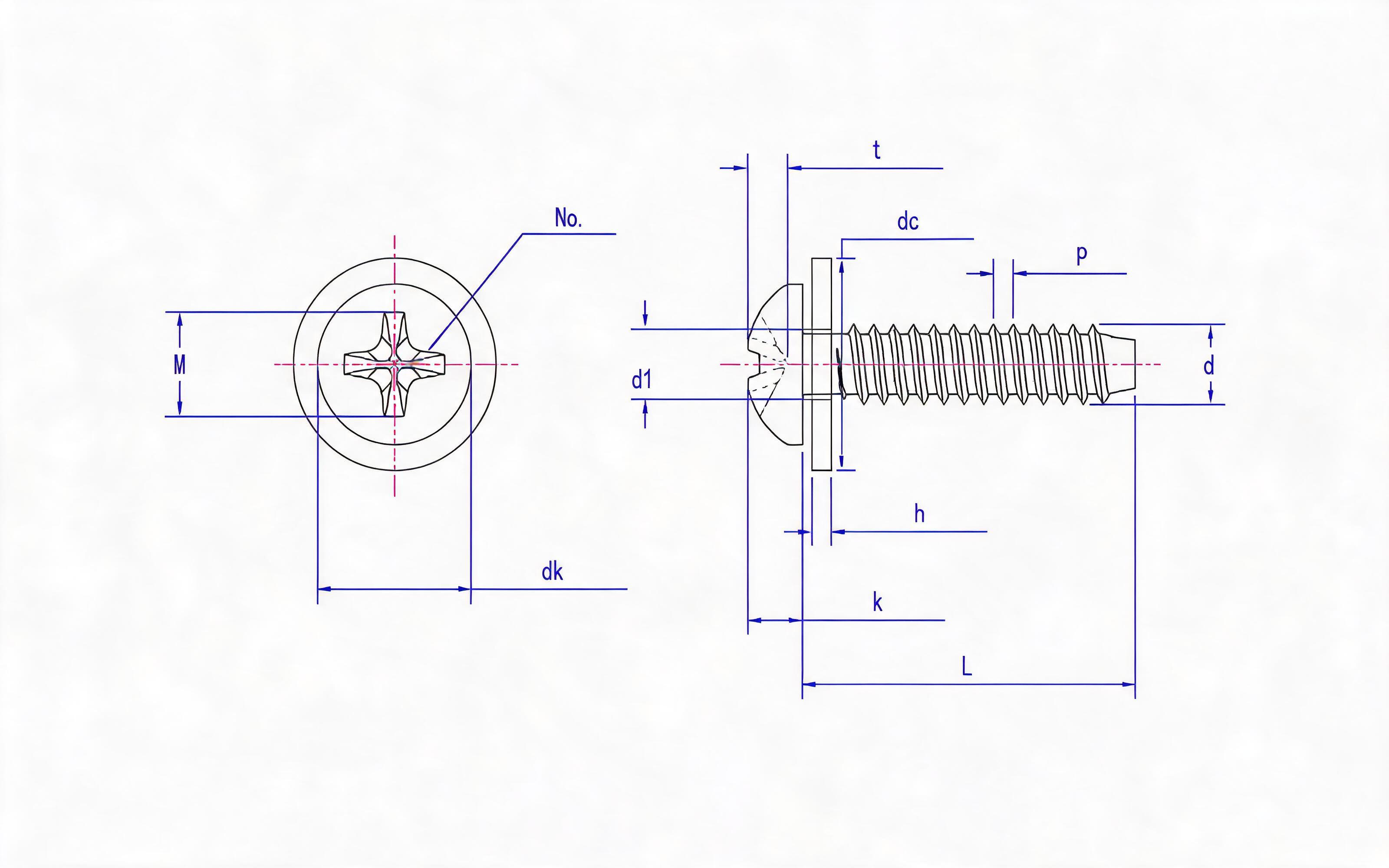 Cross recessed panhead self-tapping screw and flat washer combination type F Standard Drawing